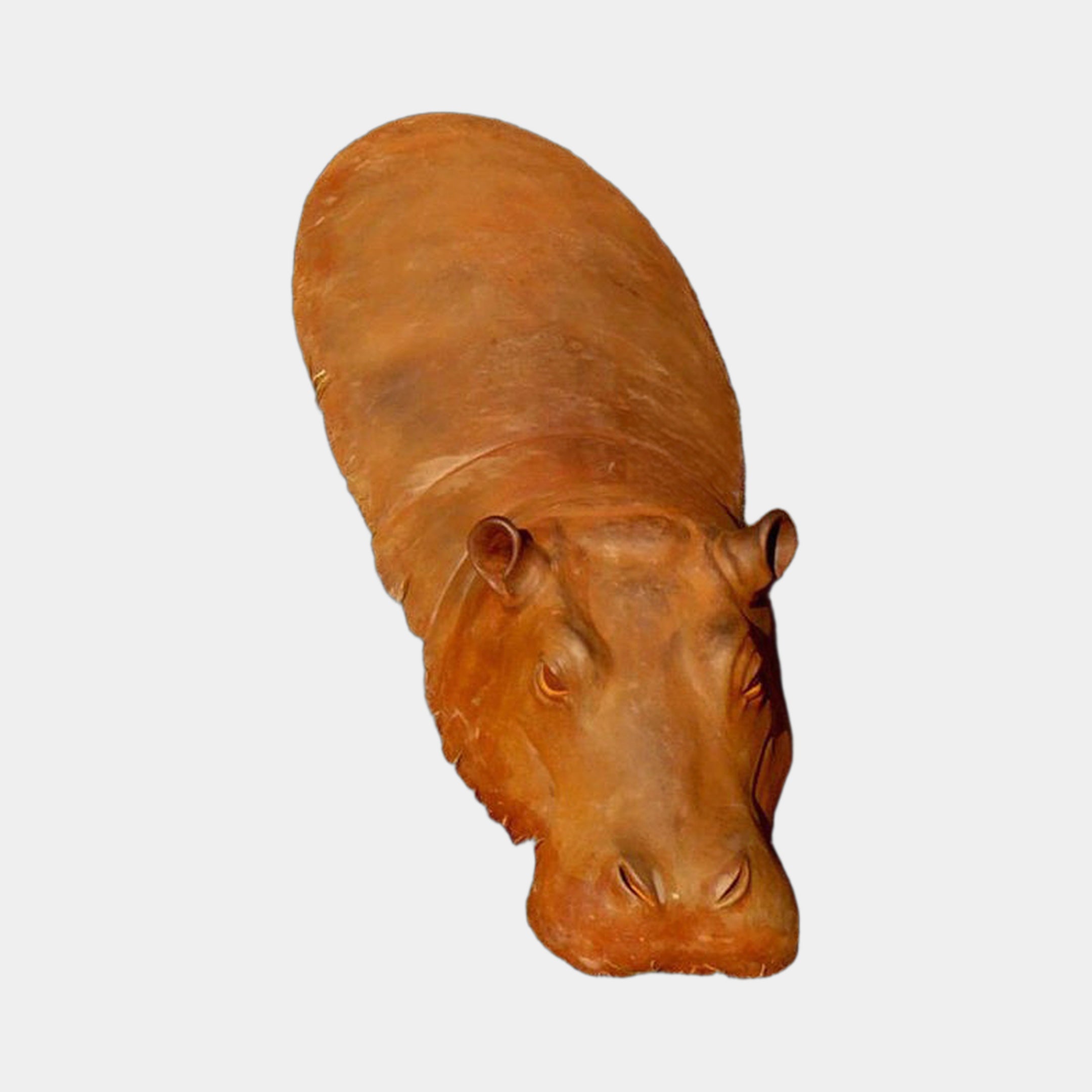 Life-Size Contemporary Resting Hippopotamus Bronze Sculpture by Giant Sculptures, 100cm, top-down view of the warm reddish-brown patinated hippo on a plain background.