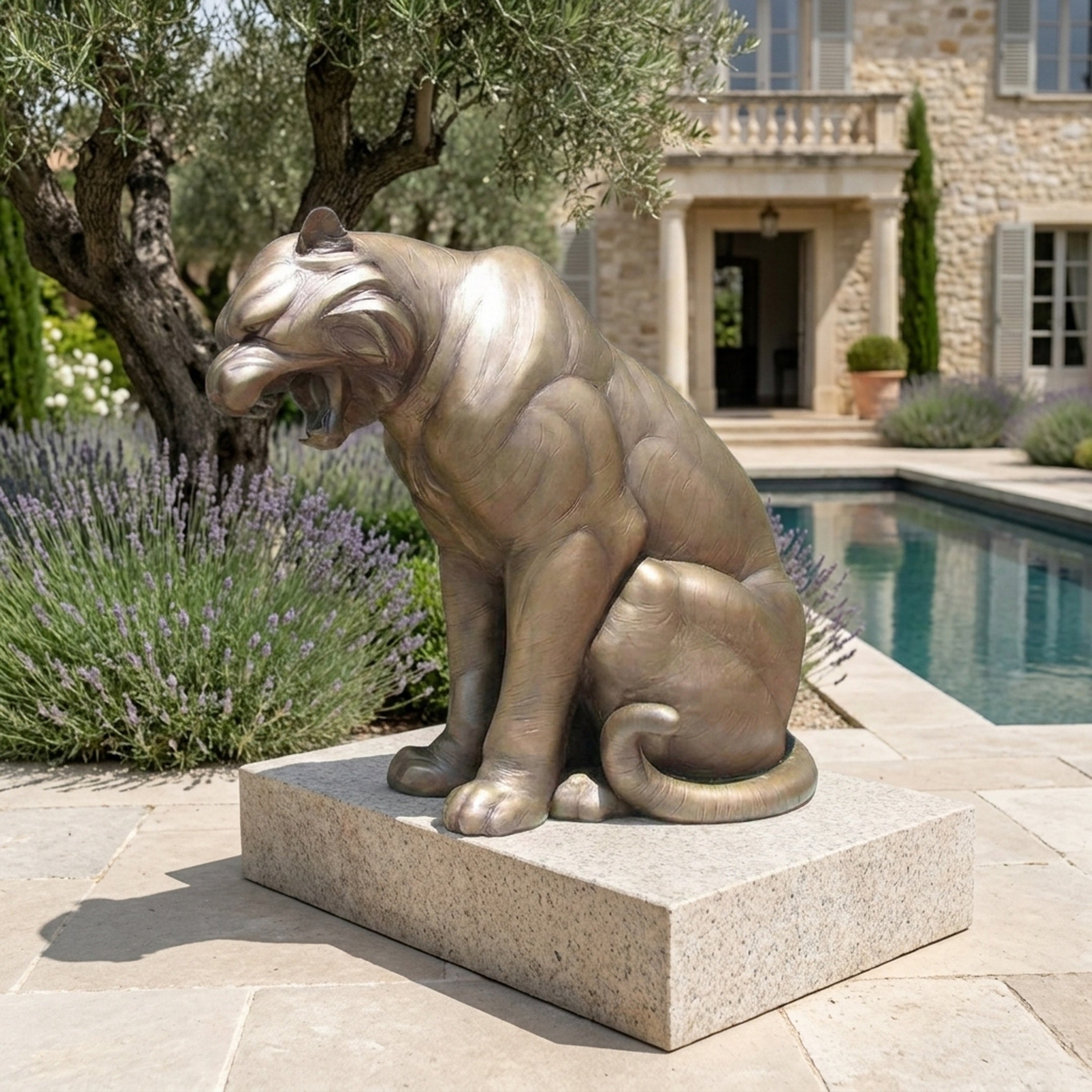 Life-Size Contemporary Roaring Panther Bronze Sculpture by Giant Sculptures on a granite plinth beside a pool, with lavender and a stone villa behind.