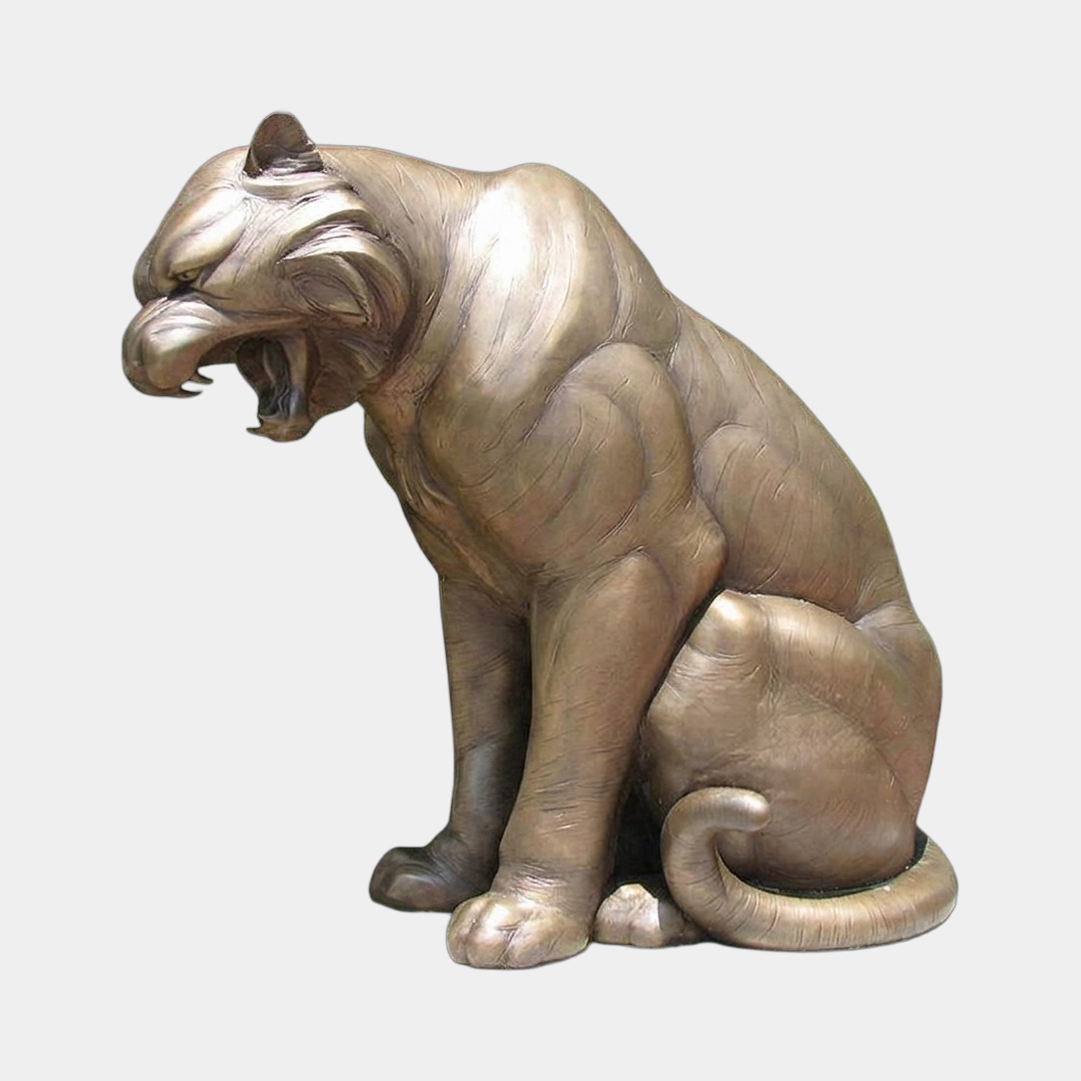 Life-Size Contemporary Roaring Panther Bronze Sculpture by Giant Sculptures, seated upright in golden-brown bronze with mouth open in a snarl, shown against a plain background.