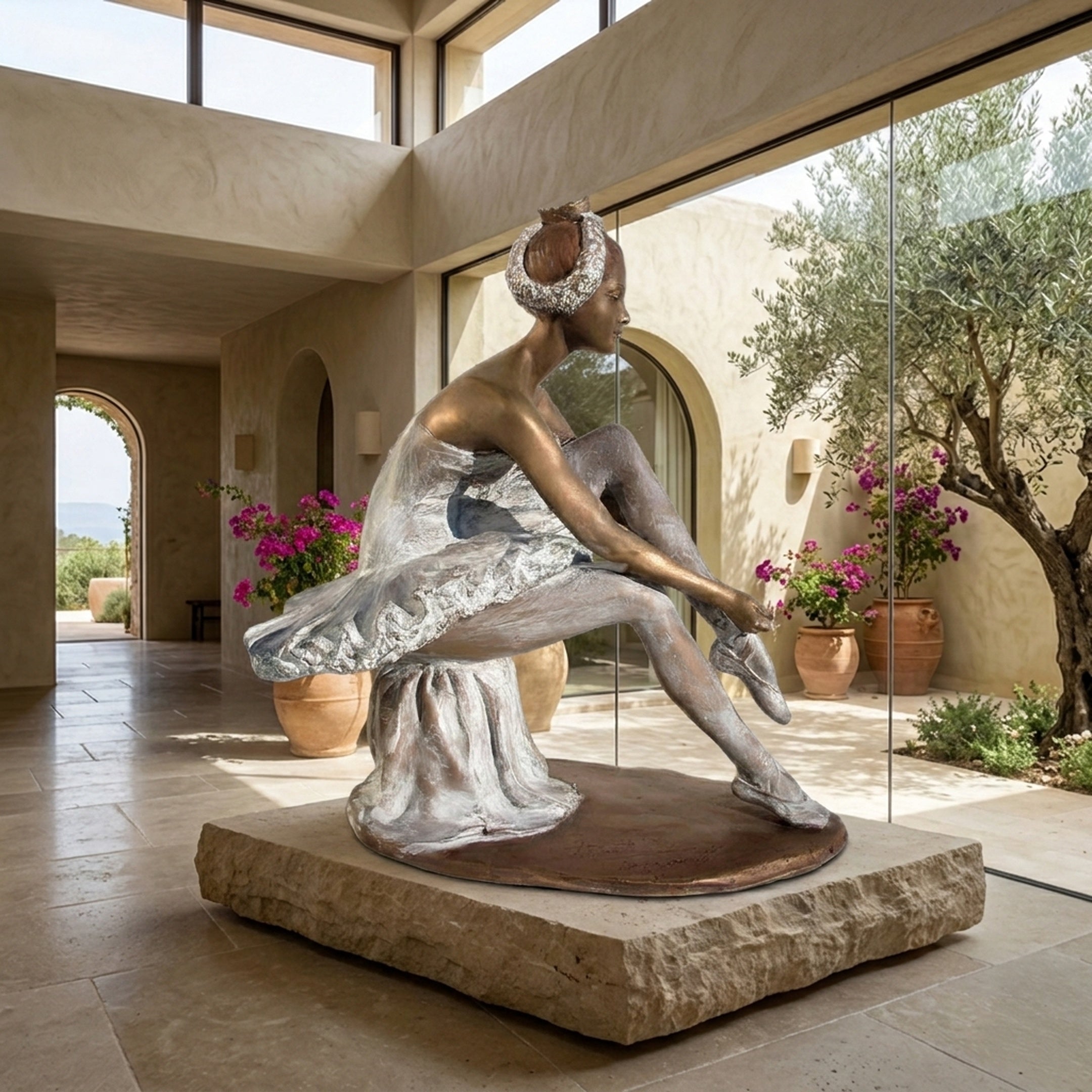 Life-Size Contemporary Seated Ballerina Bronze Sculpture by Giant Sculptures, white tutu and bronze skin patina, on stone plinth in a sunlit villa entrance.