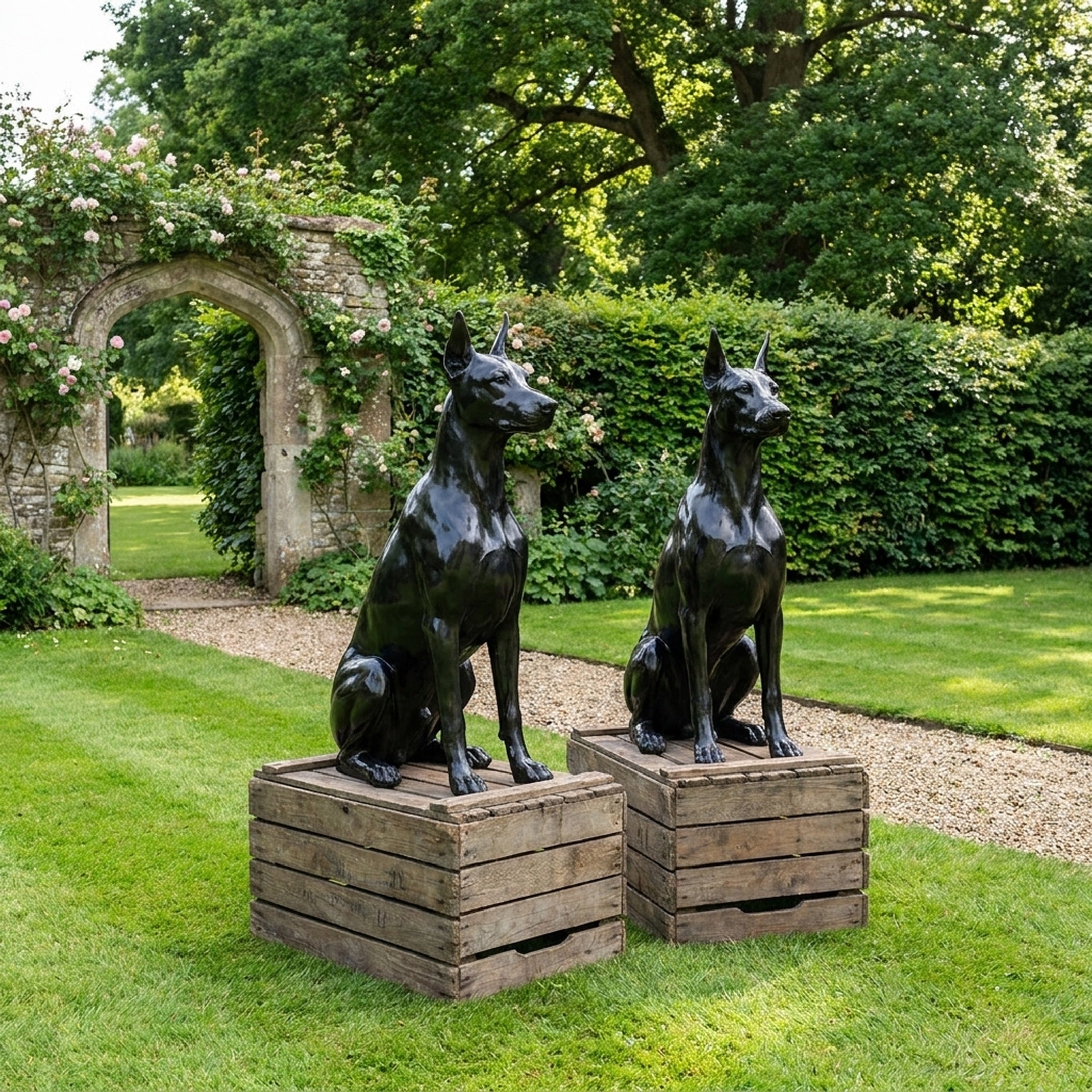 Life-Size Contemporary Seated Doberman Pair Bronze Sculpture in black gloss displayed on wooden crates in a garden beside a rose-covered stone archway.