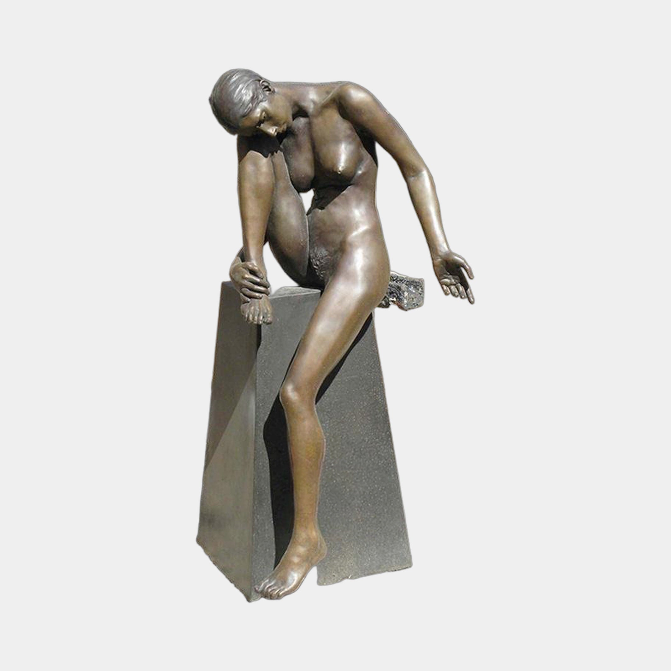 Life-Size Contemporary Seated Female Figure Bronze Sculpture by Giant Sculptures, nude figure leaning forward on a tapered dark granite plinth, plain background.