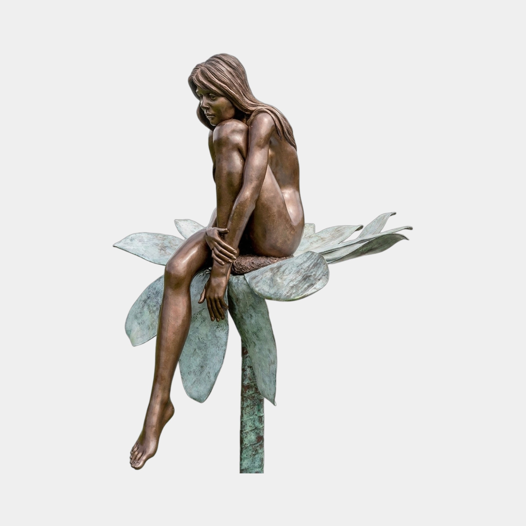 Giant Sculptures Life-Size Contemporary Seated Female Figure Bronze Sculpture 250cm, nude in warm brown patina seated on a verdigris lotus flower stem.