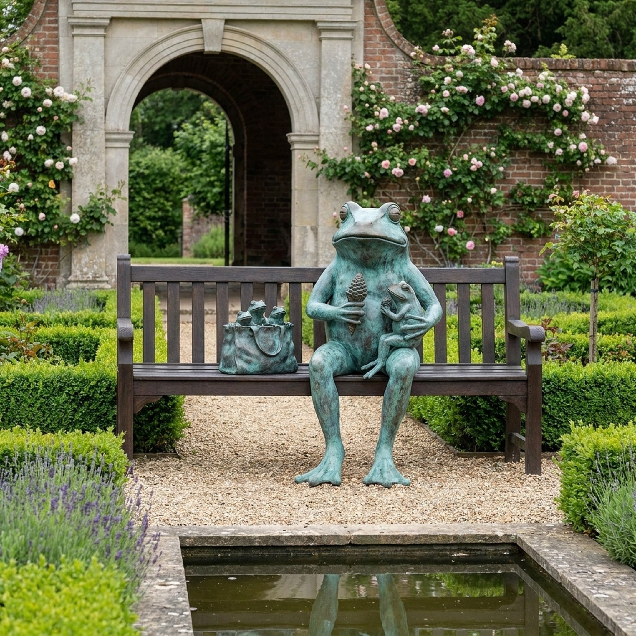 Life-Size Contemporary Seated Frog Bronze Sculpture by Giant Sculptures with verdigris patina, seated on a garden bench beside a bag of smaller frogs.