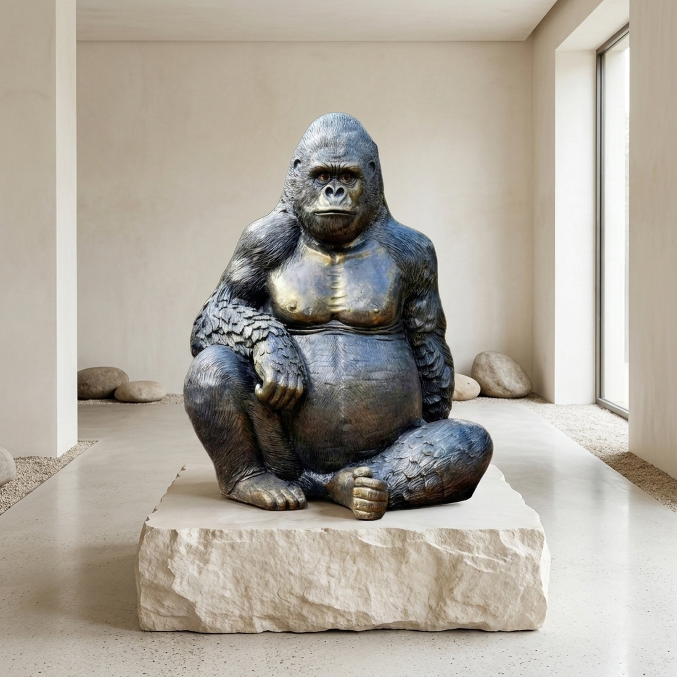 Life-Size Contemporary Seated Gorilla Bronze Sculpture by Giant Sculptures, 250cm, with dark patina and golden-brown chest, displayed on a stone slab in a minimalist room.