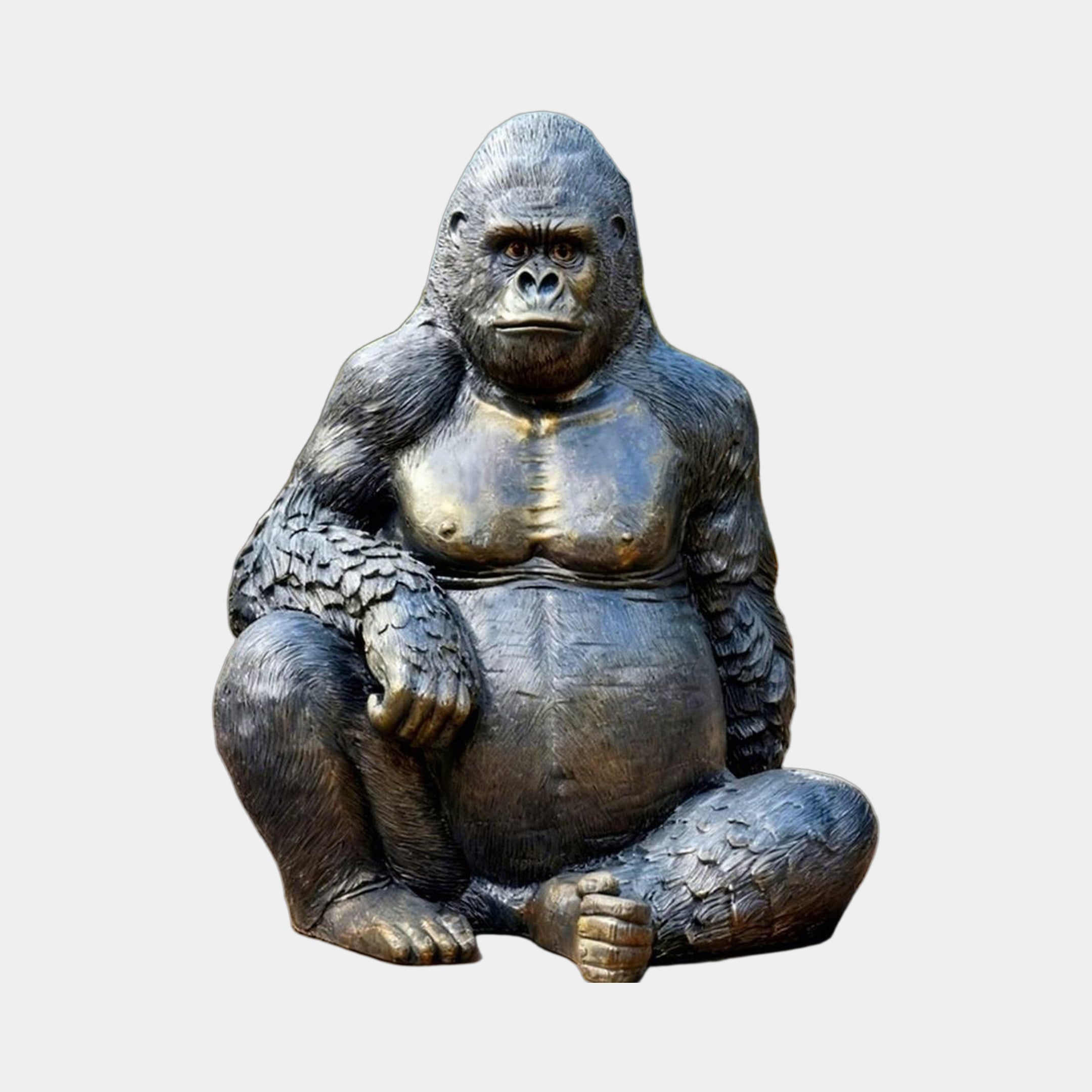 Life-Size Contemporary Seated Gorilla Bronze Sculpture by Giant Sculptures, 250cm silverback with dark patina and golden-brown chest, shown on plain background.