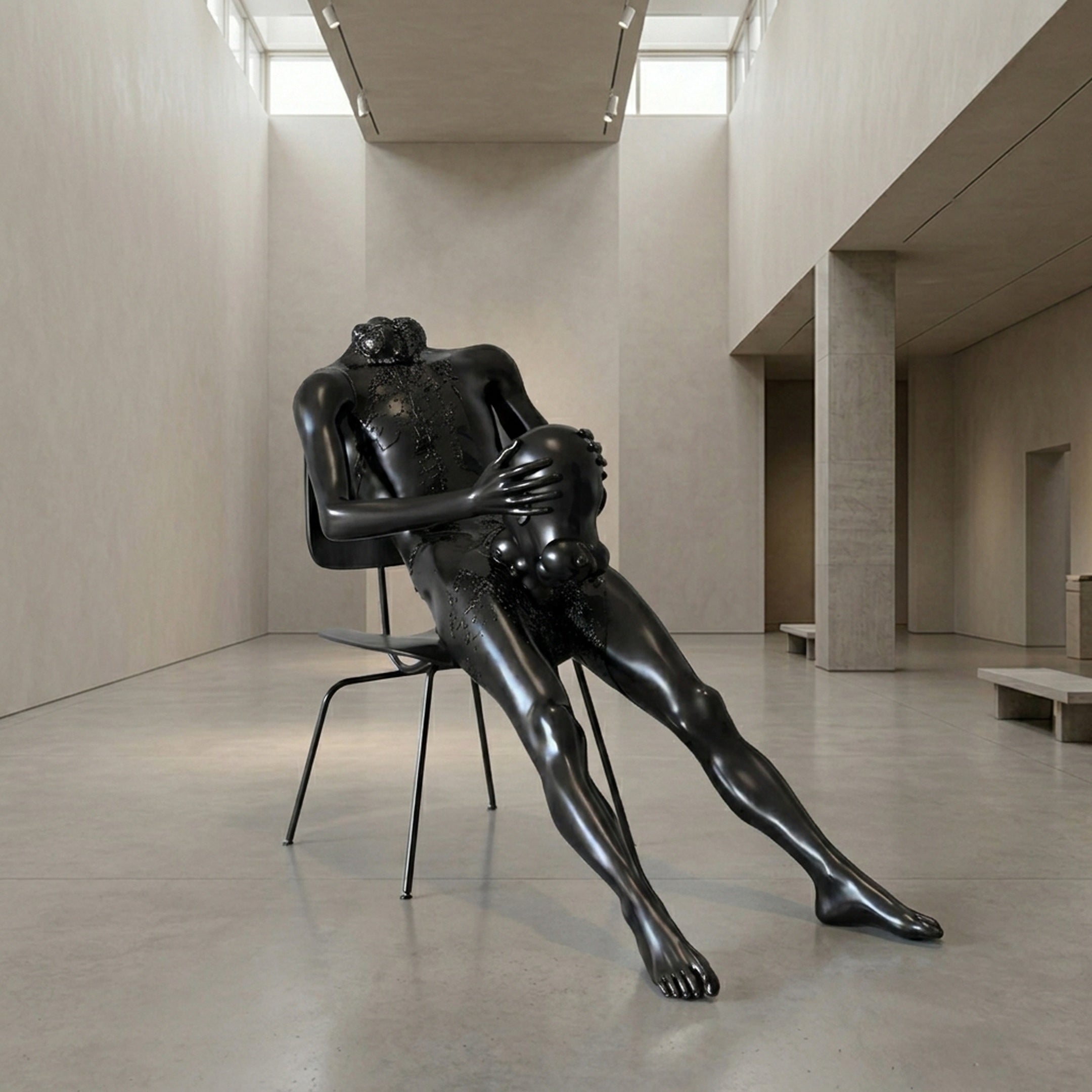 Giant Sculptures Life-Size Contemporary Seated Male Figure Bronze Sculpture 150cm in matte black, reclining on a slender metal chair in a pale gallery.
