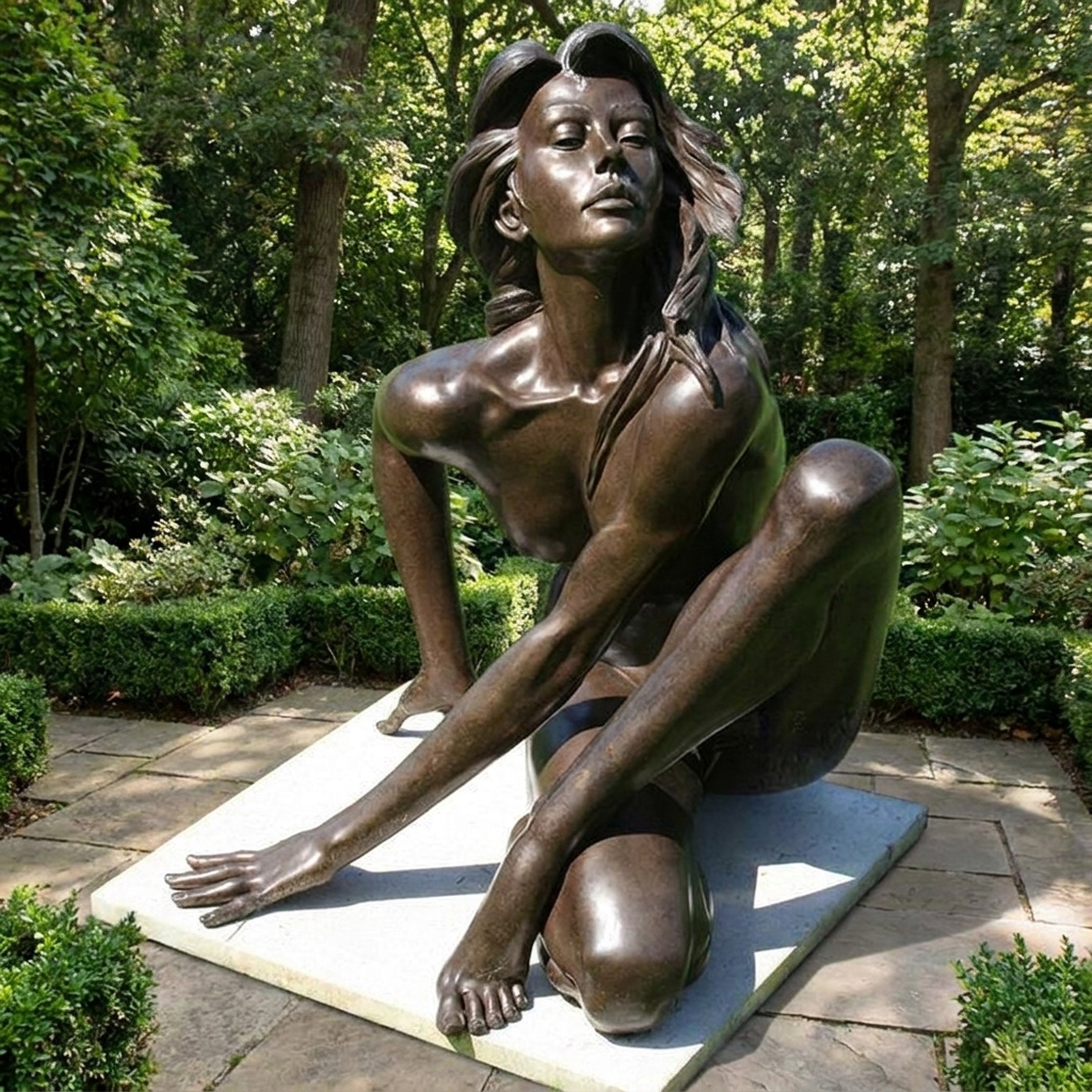 Life-Size Contemporary Seated Nude Female Bronze Sculpture by Giant Sculptures, warm brown patina figure seated on a stone plinth in a leafy garden setting.