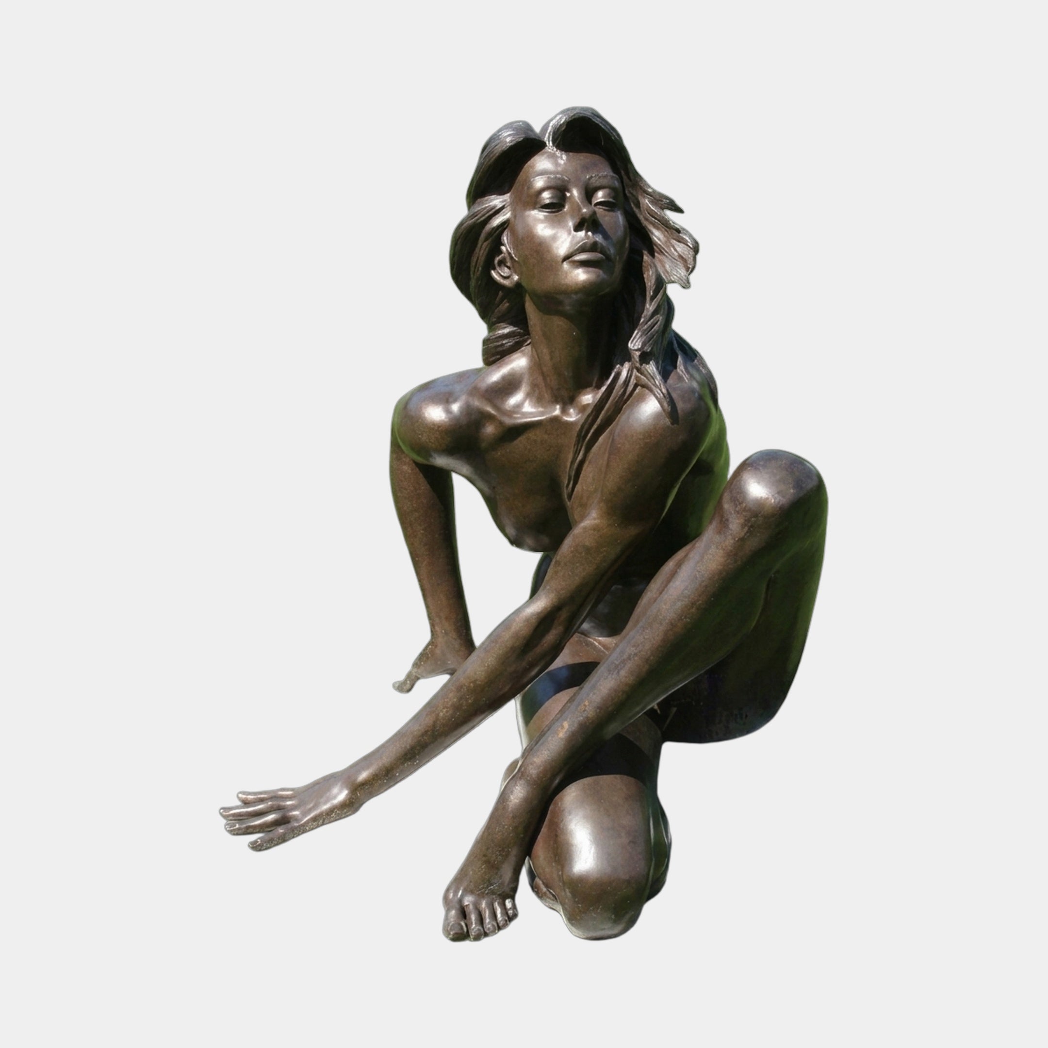 Giant Sculptures Life-Size Contemporary Seated Nude Female Bronze Sculpture 140cm with warm brown patina, head tilted back and arm extended, on a plain background.