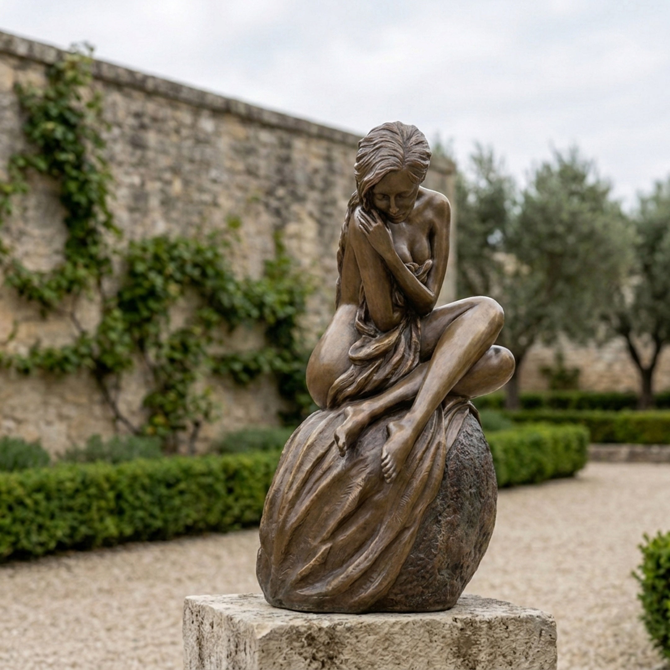 Life-Size Contemporary Seated Nude Female Figure Bronze Sculpture by Giant Sculptures, shown on a stone plinth in a walled garden with hedging and olive trees.