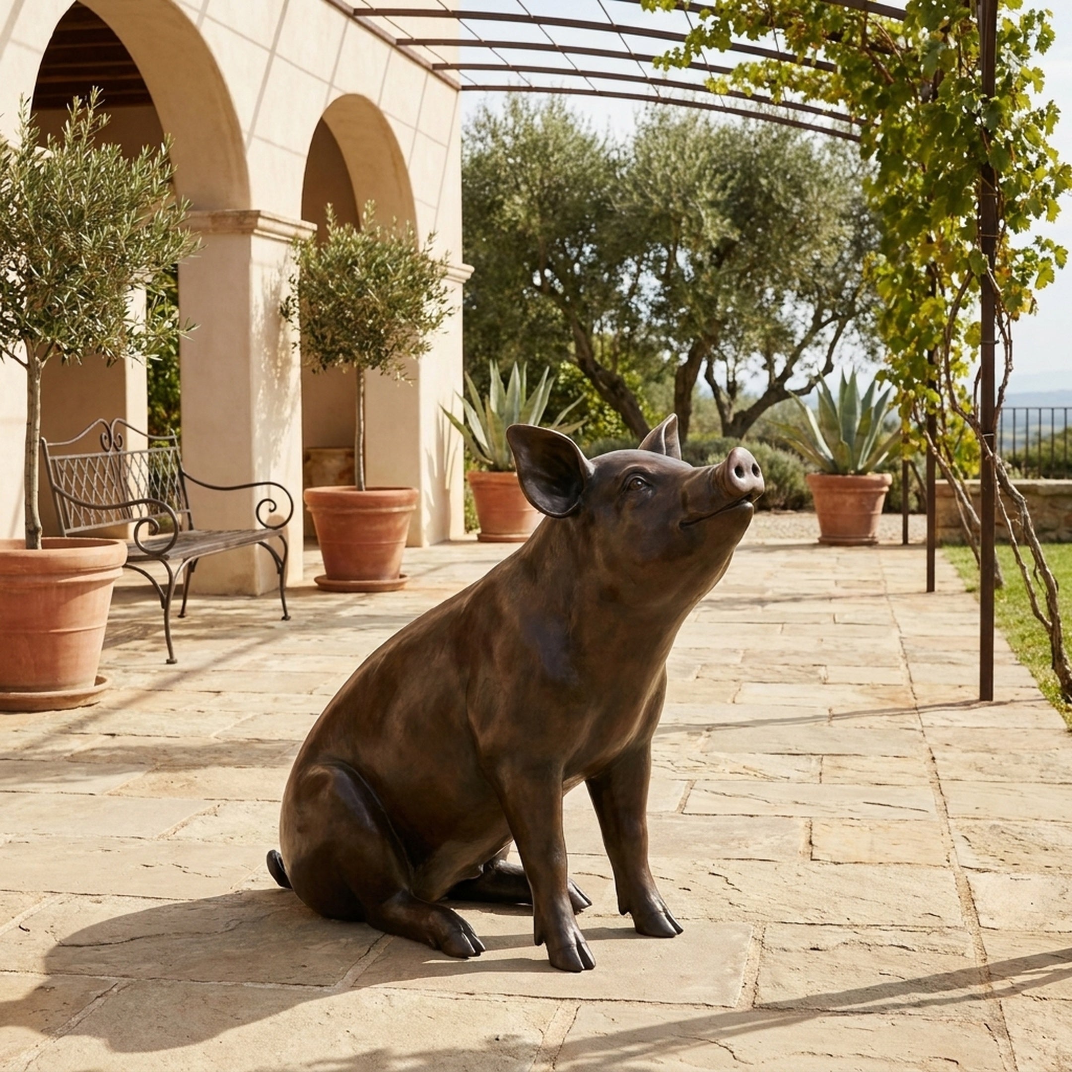 Life-Size Contemporary Seated Pig Bronze Sculpture by Giant Sculptures with warm brown patina, snout tilted upward, on a Mediterranean stone terrace.