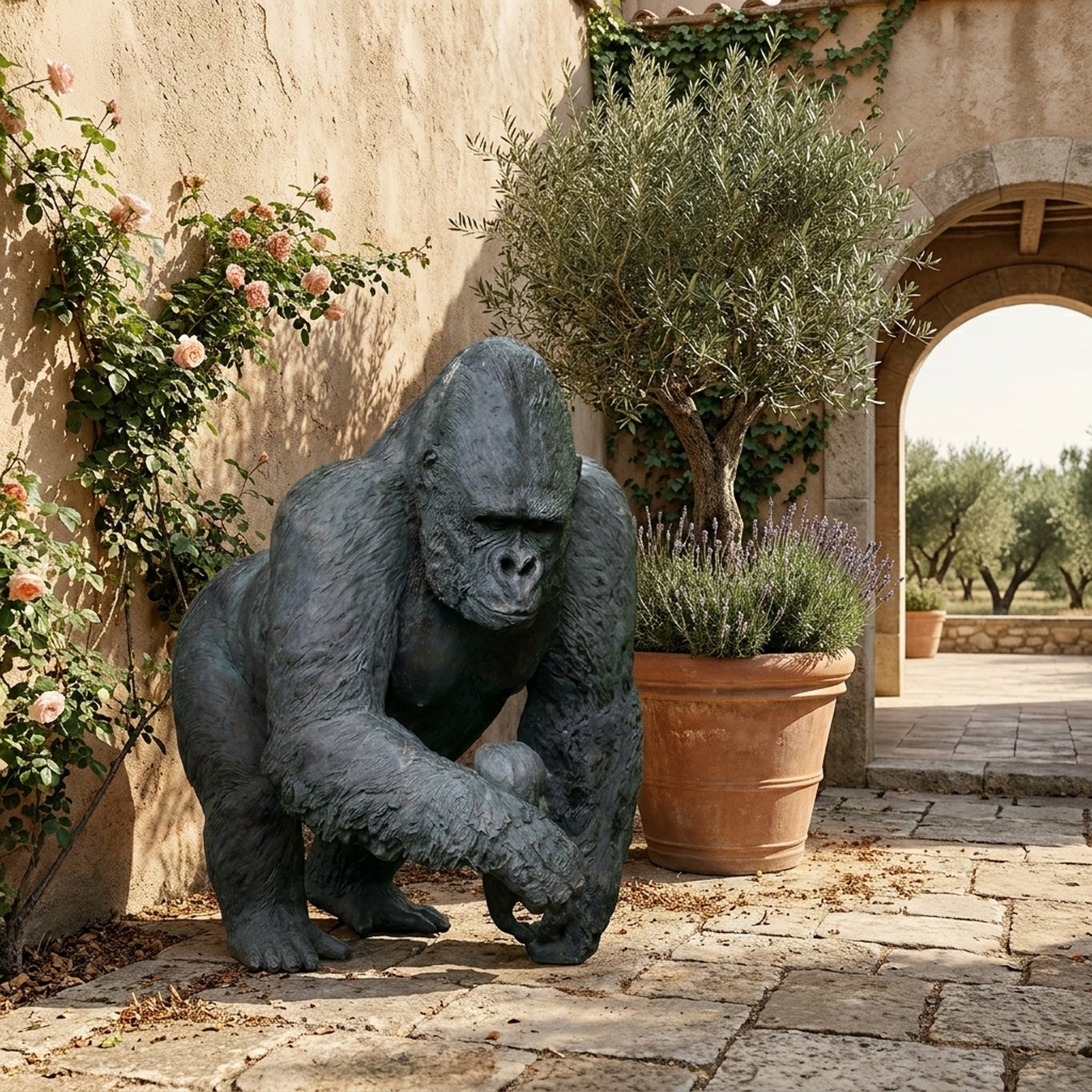 Life-Size Contemporary Silverback Gorilla Bronze Sculpture by Giant Sculptures in dark patina, posed on knuckles in a Mediterranean courtyard beside lavender and roses.