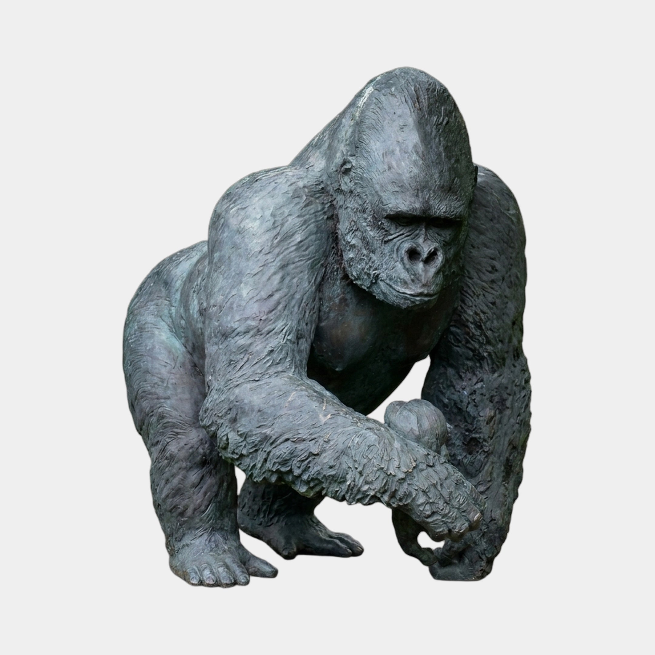 Life-Size Contemporary Silverback Gorilla and Infant Bronze Sculpture by Giant Sculptures, crouched with dark grey patina, shown against a plain background.