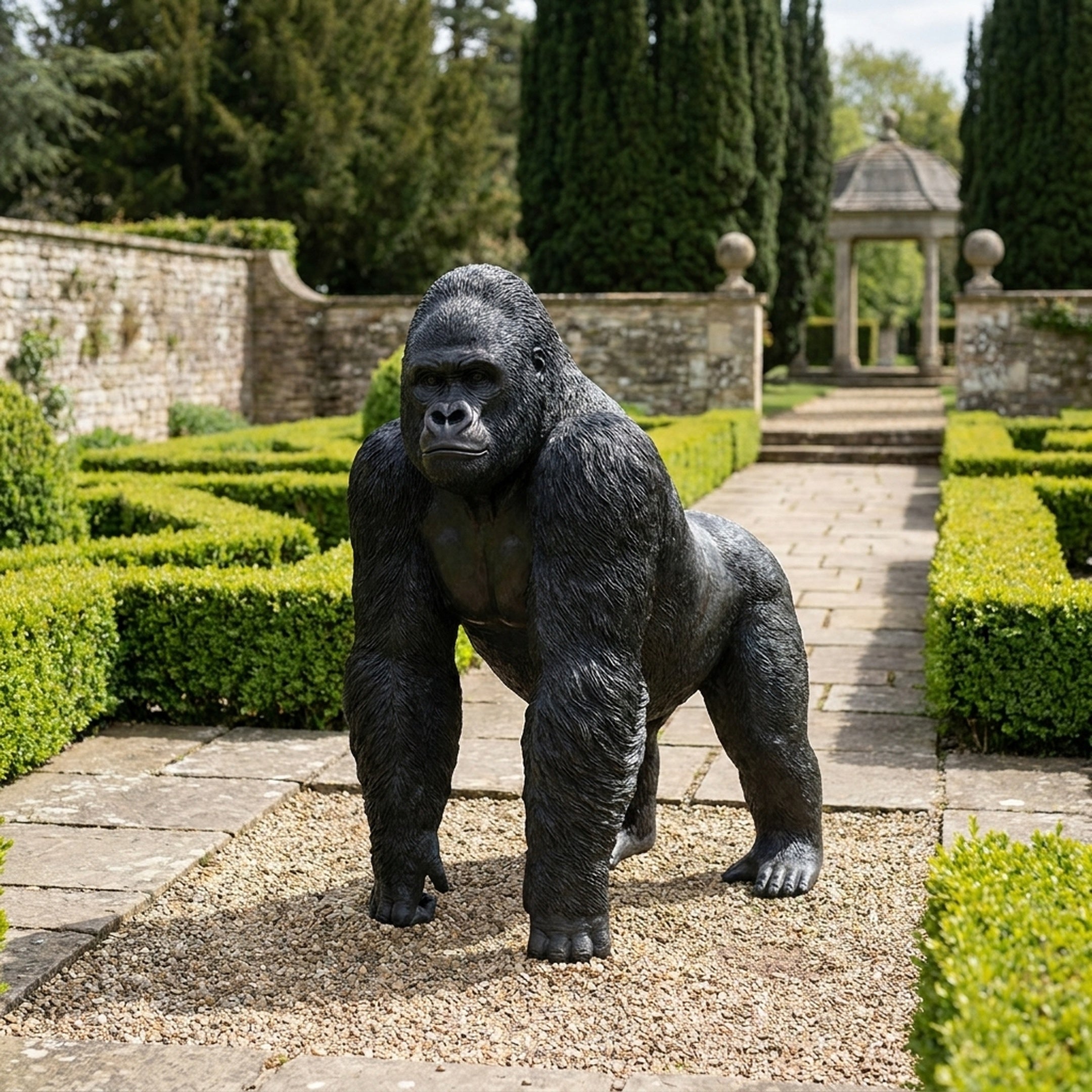 Life-Size Contemporary Silverback Gorilla Bronze Sculpture by Giant Sculptures in knuckle-walking stance with black patina, set on gravel in a formal hedge garden.