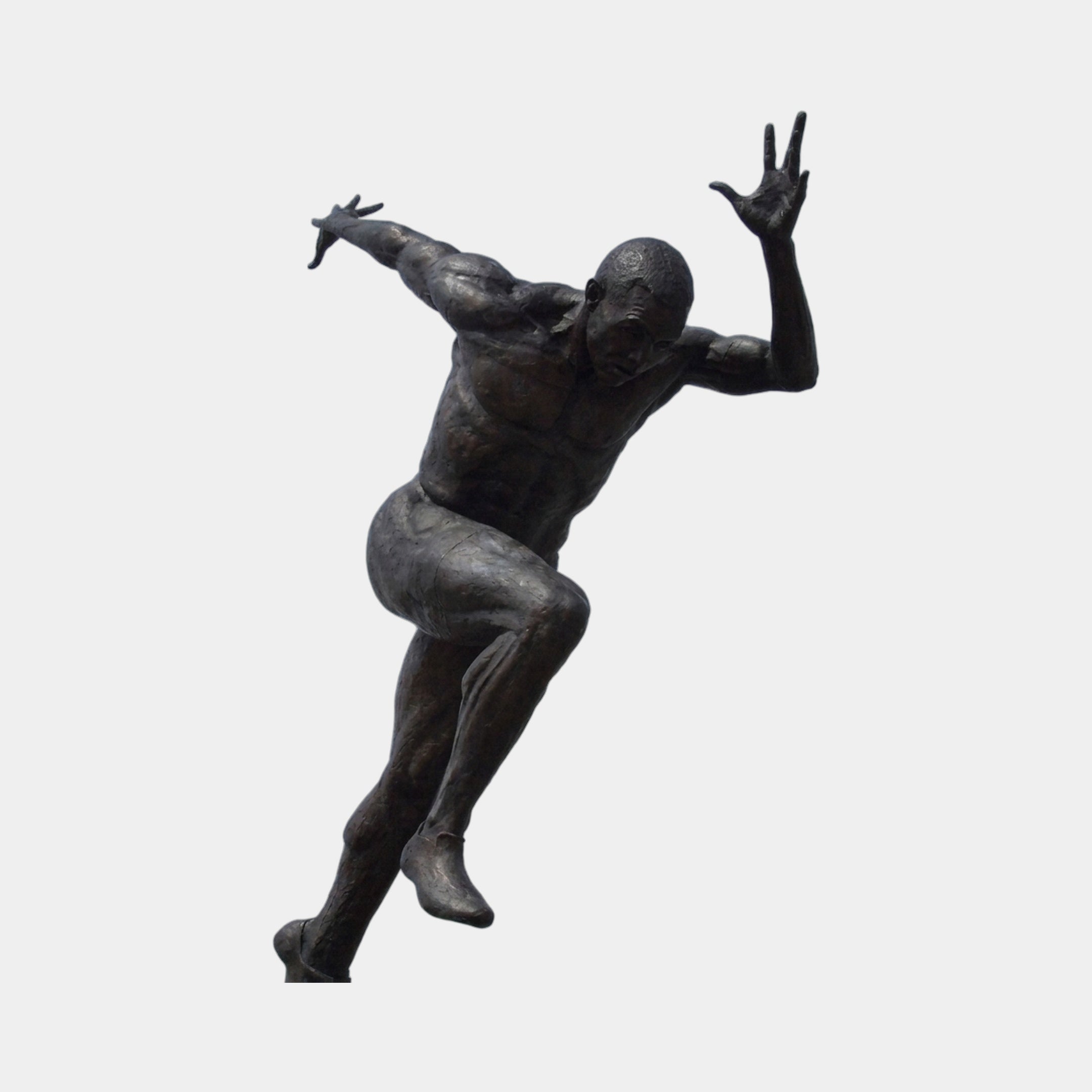 Giant Sculptures Life-Size Contemporary Sprinting Male Figure Bronze Sculpture 250cm, dark patina athlete mid-stride with arms flung wide, on plain background.