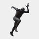 Life-Size Contemporary Sprinting Male Figure Bronze Sculpture by Giant Sculptures, mid-stride with arms flung wide and dark patina finish, on a plain background.