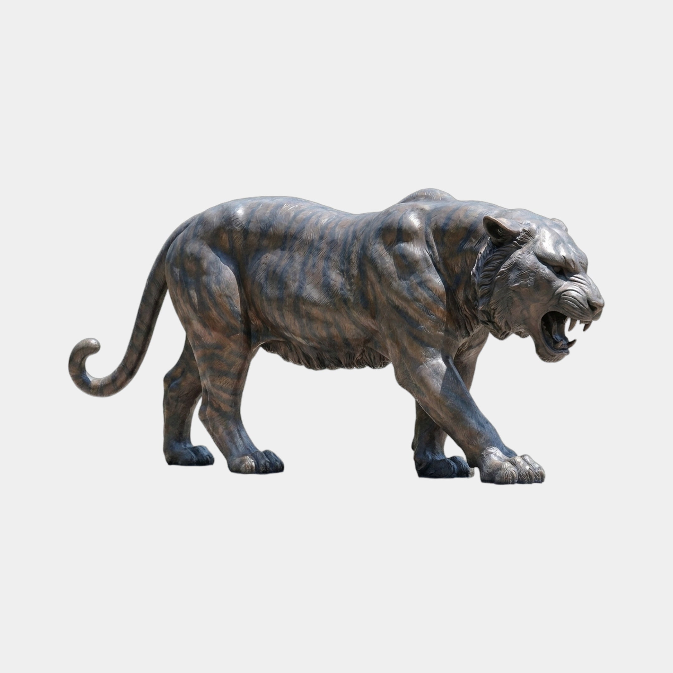 Life-Size Contemporary Stalking Tiger Bronze Sculpture 180cm by Giant Sculptures, shown in side view mid-stride with bared teeth and dark brown-black striped patina on a plain background.