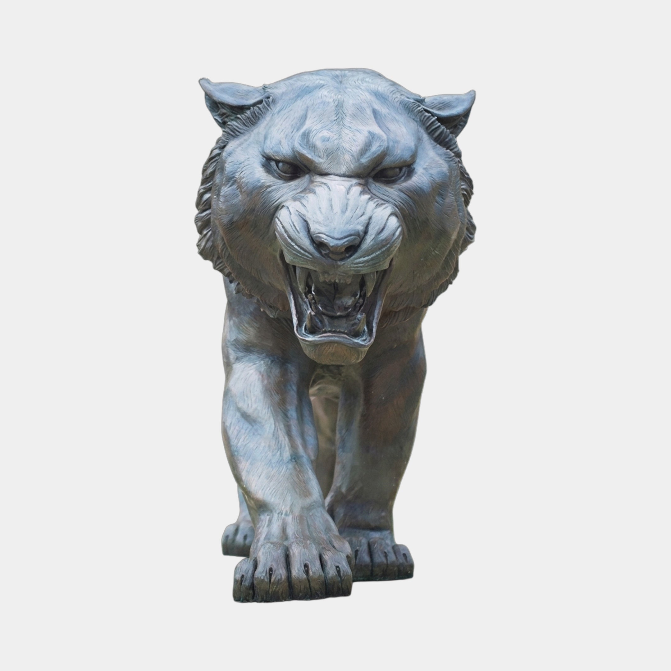 Front-facing view of the Giant Sculptures Life-Size Contemporary Stalking Tiger Bronze Sculpture 180cm, mid-lunge with jaws wide open, blue-grey patina, plain background.