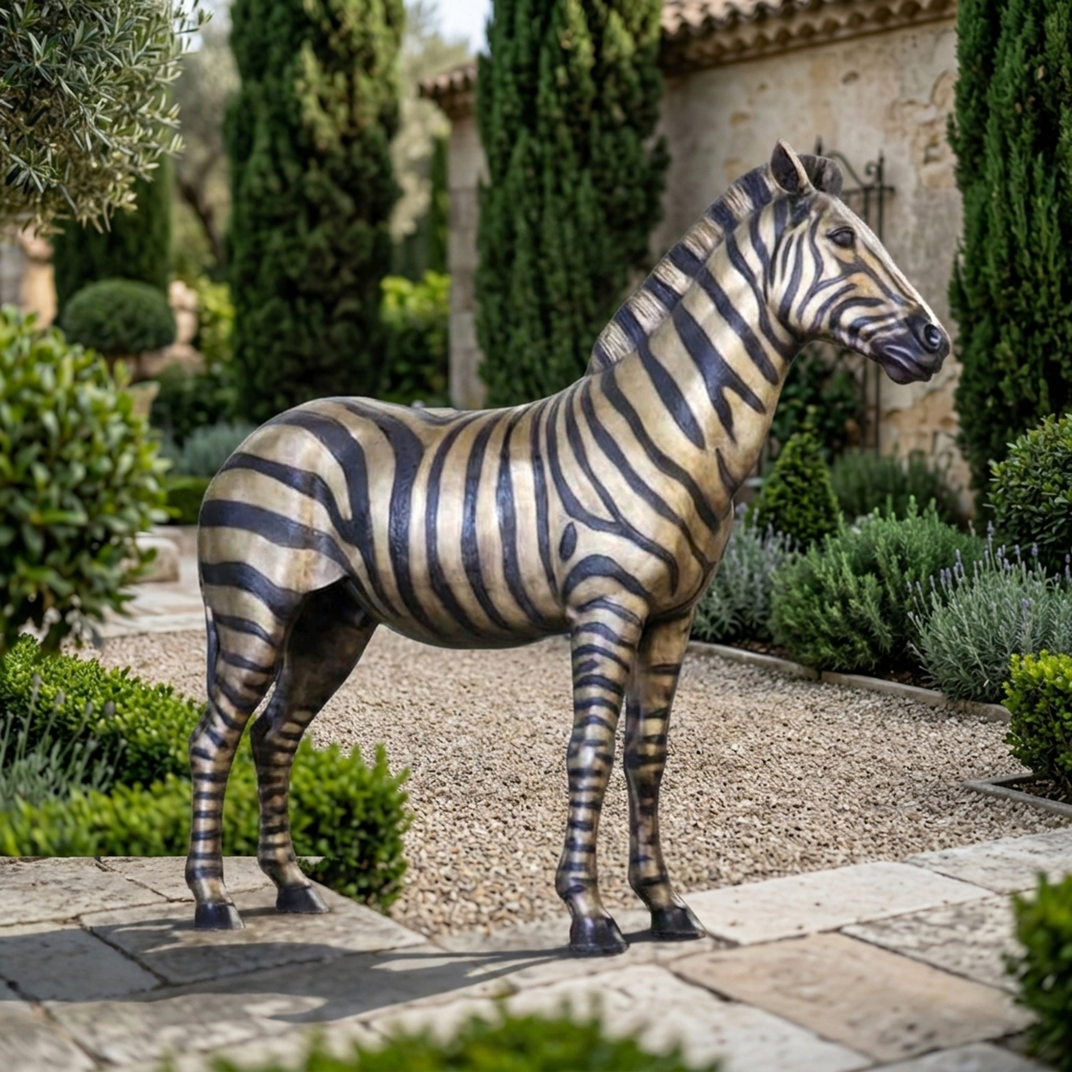 Life-Size Contemporary Standing Zebra Bronze Sculpture by Giant Sculptures shown side-on with black and golden-tan stripes, displayed on gravel in a Mediterranean garden.