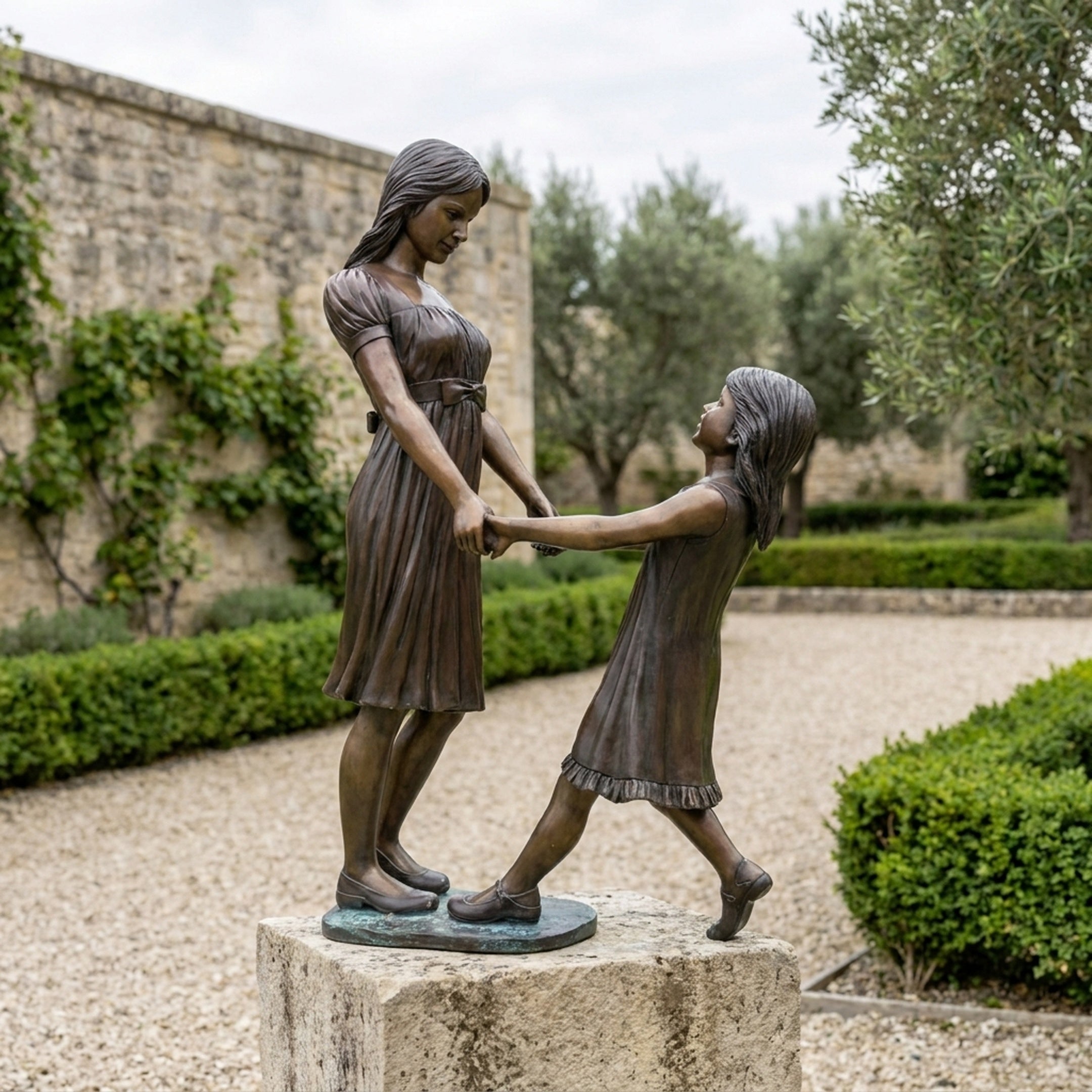 Life-Size Contemporary Two Girls Bronze Sculpture by Giant Sculptures on a stone plinth in a hedged garden, depicting a taller girl and child holding hands mid-play.