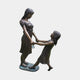 Life-Size Contemporary Two Girls Bronze Sculpture by Giant Sculptures, 170cm, showing a taller girl holding the hands of a smaller girl leaning back in play.