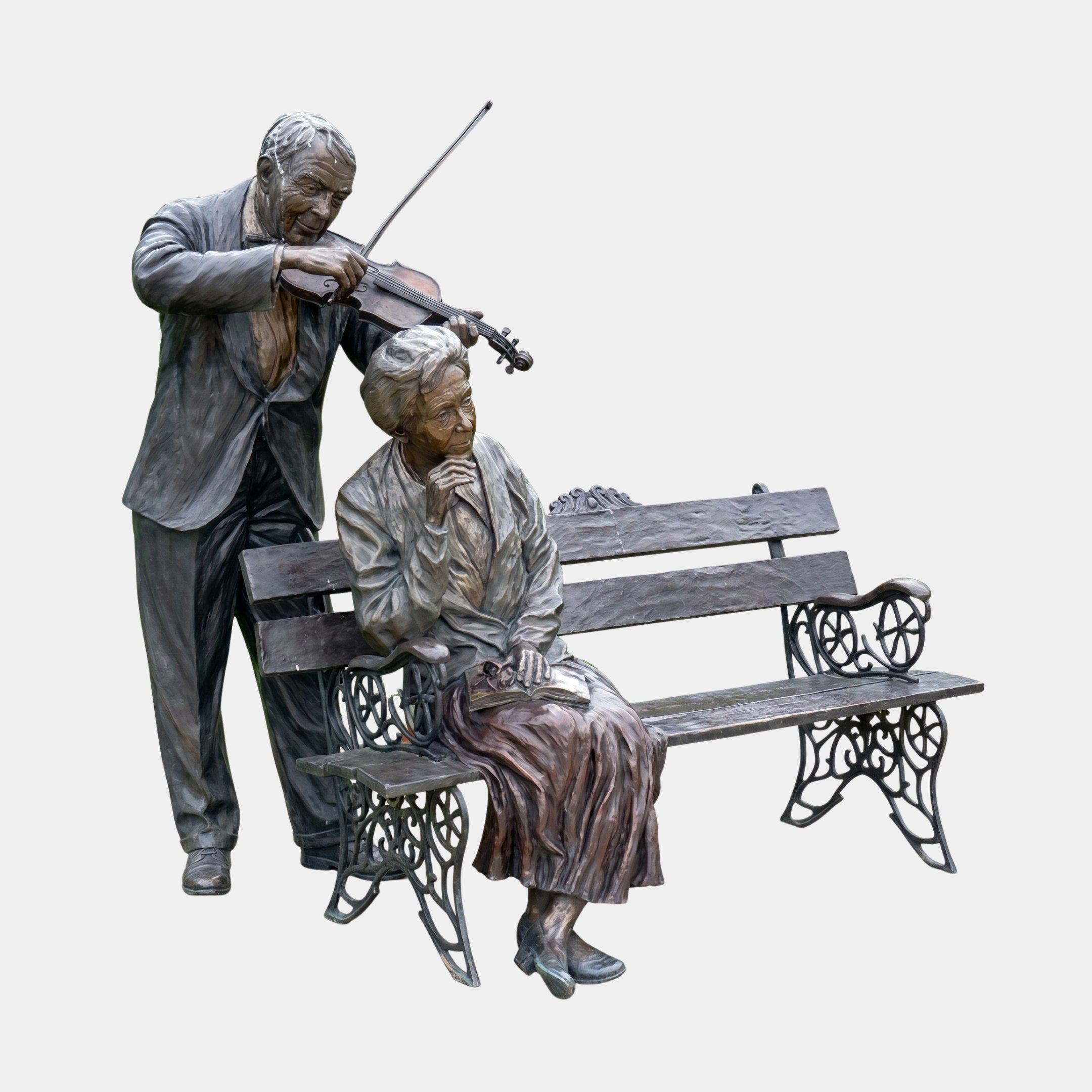Giant Sculptures Life-Size Contemporary Violinist and Seated Listener Bronze Sculpture 200cm, showing an elderly man playing violin beside a woman seated on a scrolled bench.