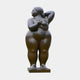 Life-Size Contemporary Voluptuous Female Figure Bronze Sculpture by Giant Sculptures, nude figure with one arm raised behind the head, dark brown patina, plain background.