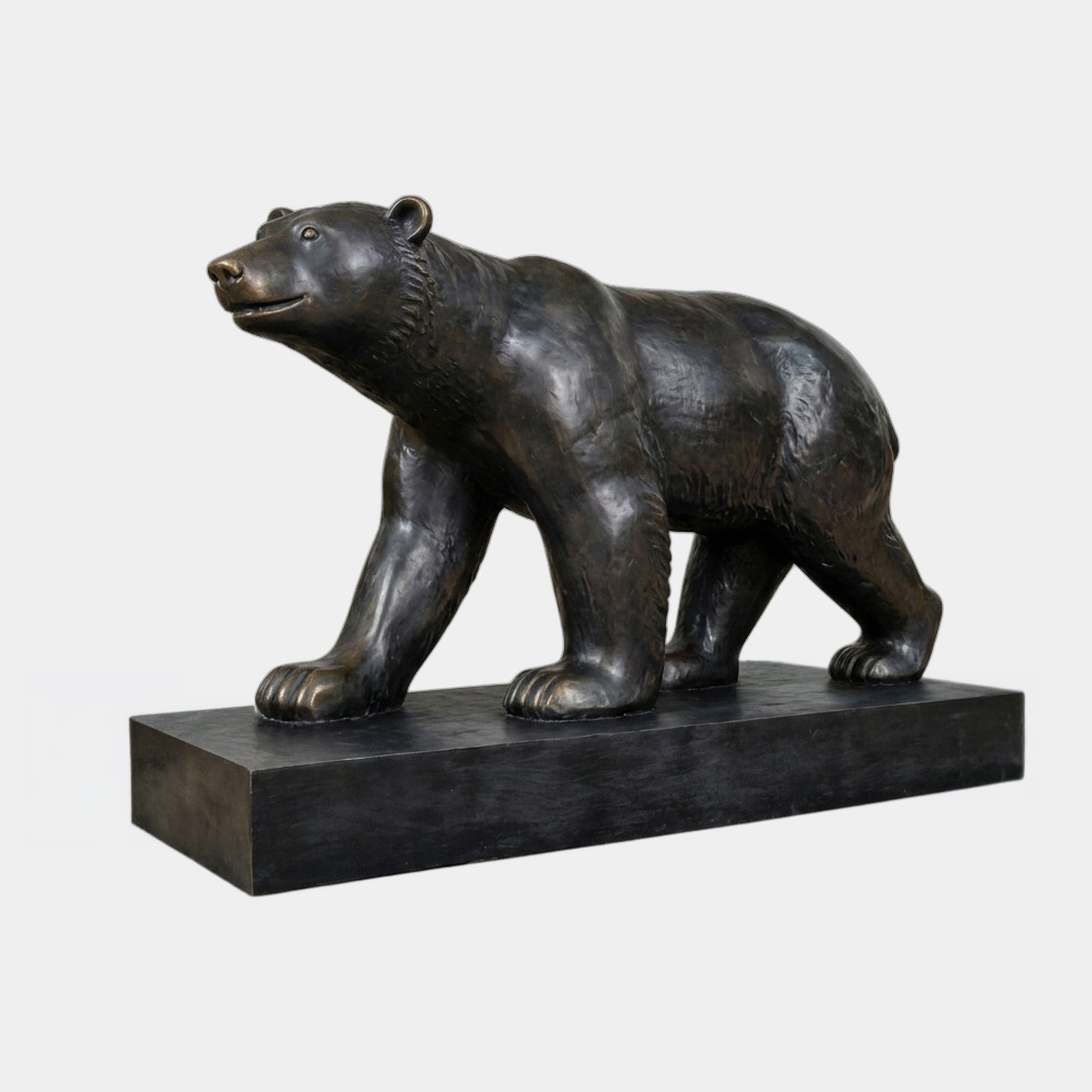 Giant Sculptures' Life-Size Contemporary Walking Bear Bronze Sculpture 180cm, shown in side profile mid-stride with dark brown patina on a low rectangular plinth.