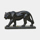 Life-Size Contemporary Walking Tiger Bronze Sculpture by Giant Sculptures in polished black finish, shown mid-stride on a dark marble plinth against a plain background.