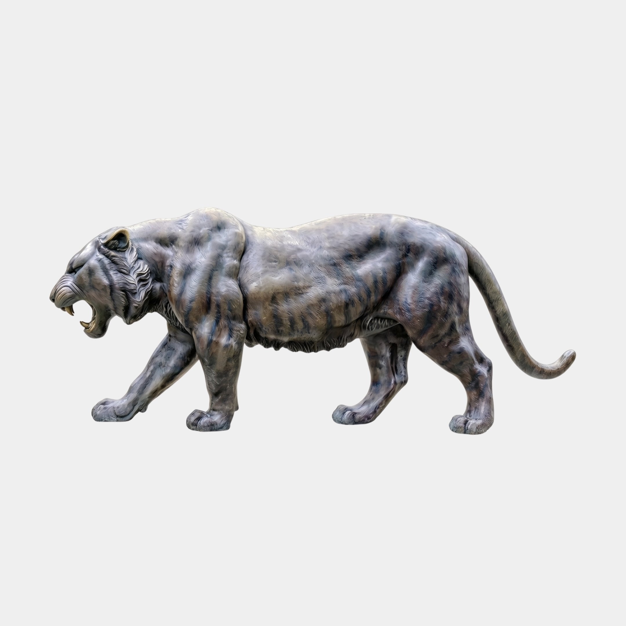 Life-Size Contemporary Walking Tiger Bronze Sculpture 220cm by Giant Sculptures, shown in side profile mid-stride with open snarling jaws and patinated striped finish.