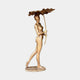 Life-Size Contemporary Walking Woman Bronze Fountain by Giant Sculptures, 190cm, depicting a striding female figure holding a tall lotus stem with leaf canopy overhead.