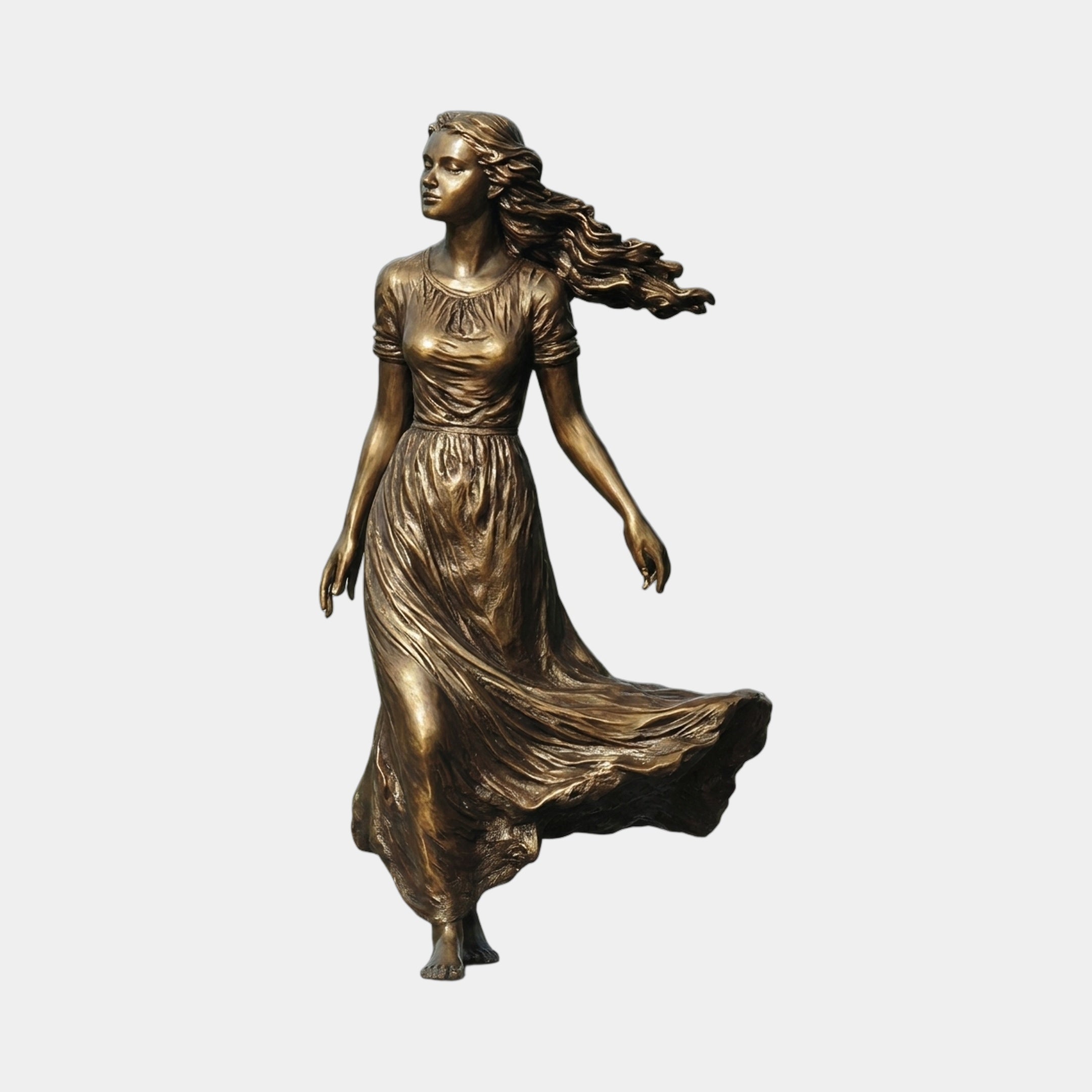 Life-Size Contemporary Walking Woman Bronze Fountain by Giant Sculptures, 220cm figure mid-stride with flowing dress and windswept hair, golden-brown patina, plain background.
