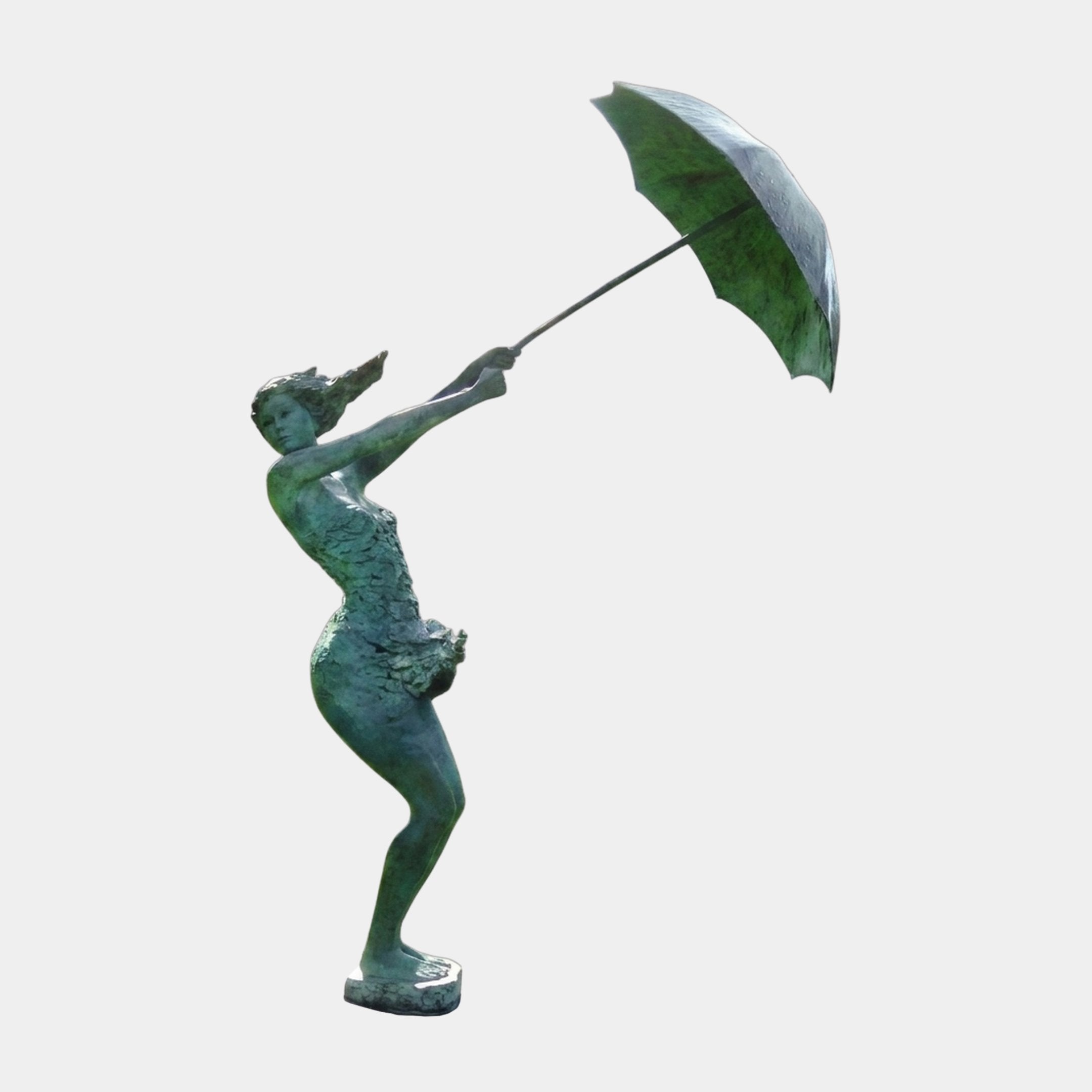 Life-Size Contemporary Windswept Woman with Umbrella Bronze Sculpture by Giant Sculptures in verdigris patina, figure leaning back holding an open umbrella overhead.