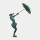 Life-Size Contemporary Windswept Woman with Umbrella Bronze Sculpture by Giant Sculptures in verdigris patina, figure leaning back holding an open umbrella overhead.
