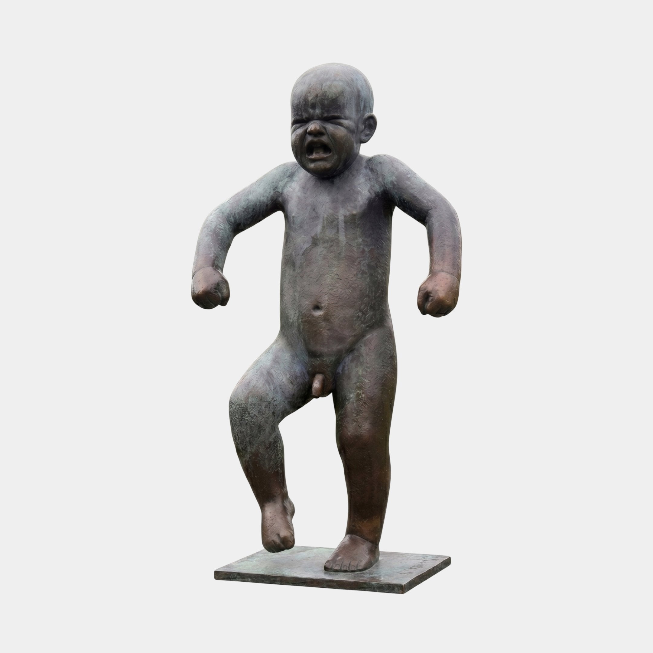 Life-Size Crying Toddler Bronze Sculpture by Giant Sculptures, 180cm, shown front-on mid-tantrum with raised knee and clenched fists on a plain background.