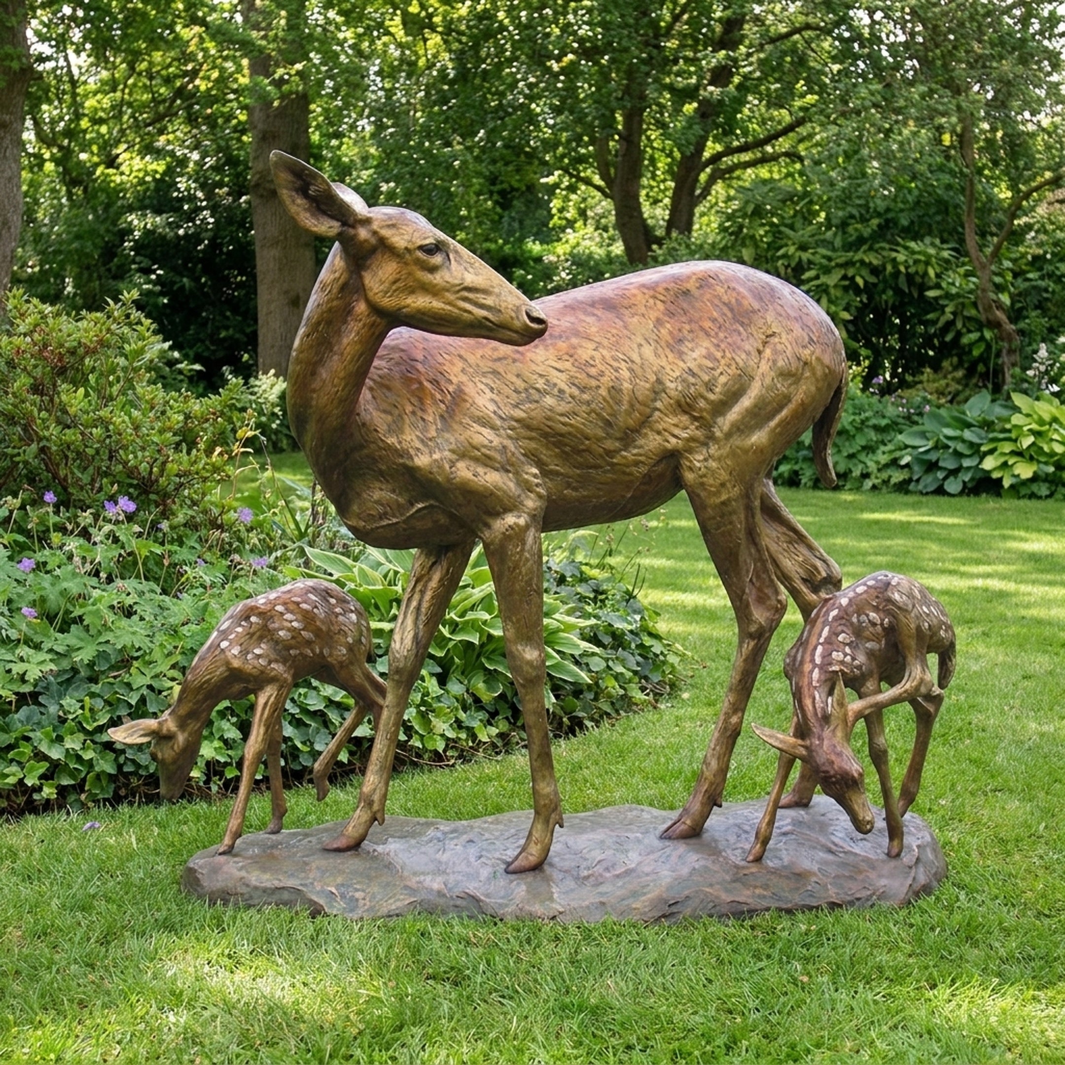 Life-Size Doe and Fawns Bronze Sculpture by Giant Sculptures, showing a standing doe with two grazing spotted fawns on a stone-effect base in a garden.