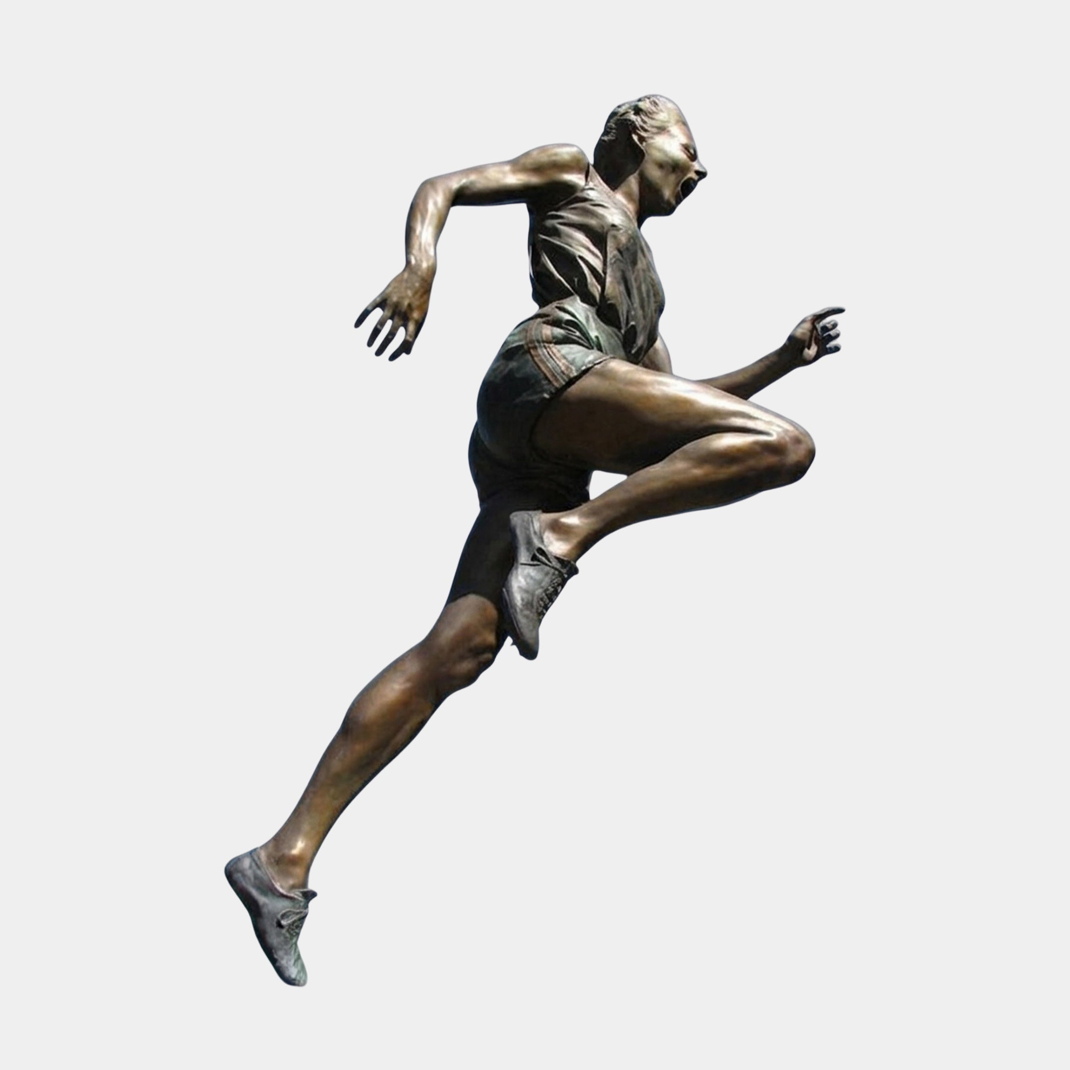 Life-Size Female Sprinter Bronze Sculpture by Giant Sculptures shown mid-stride with knee raised and arms pumping, warm brown patina, on a plain background.