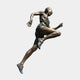 Life-Size Female Sprinter Bronze Sculpture by Giant Sculptures shown mid-stride with knee raised and arms pumping, warm brown patina, on a plain background.