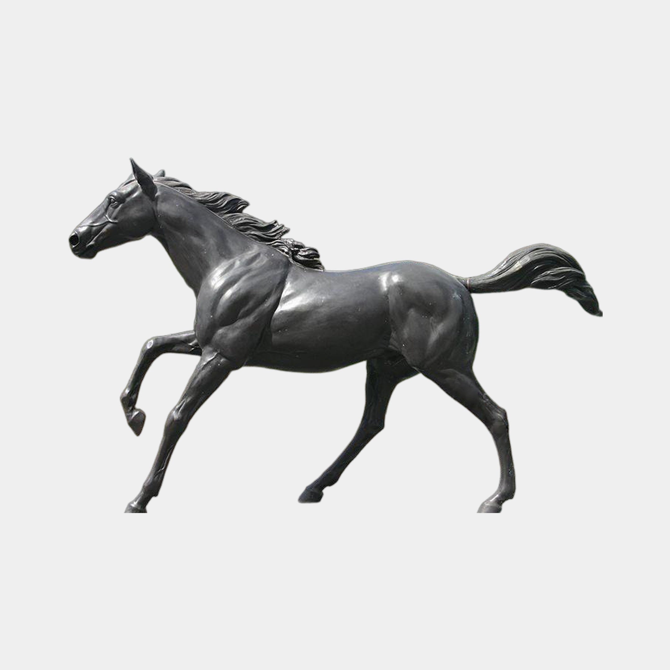 Life-Size Galloping Horse Bronze Sculpture 190cm by Giant Sculptures, shown in side profile mid-stride with black-brown patina and flowing mane and tail, on a plain background.