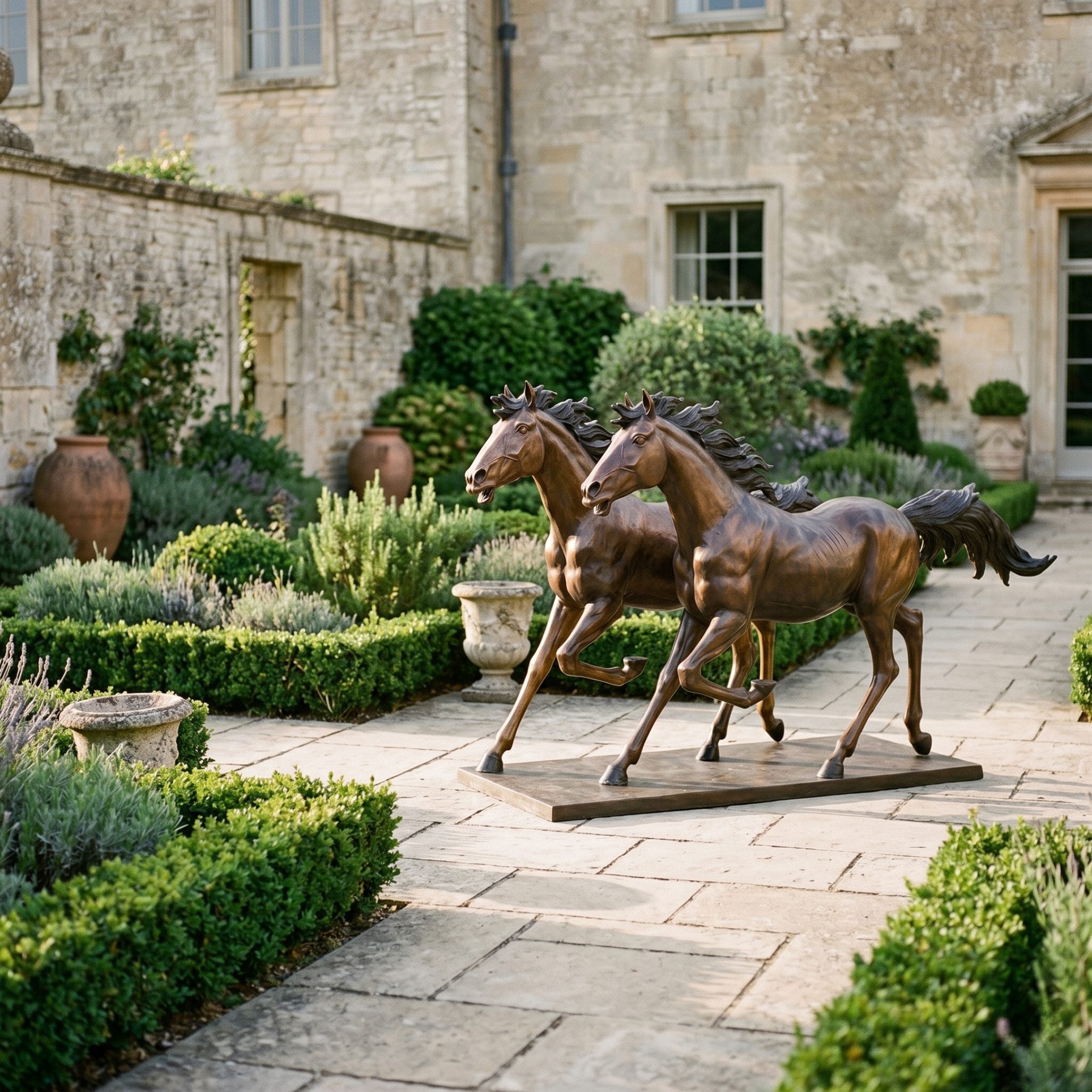 Life-Size Galloping Horse Pair Bronze Sculpture by Giant Sculptures displayed on a stone courtyard path beside boxwood hedges and a weathered stone manor.