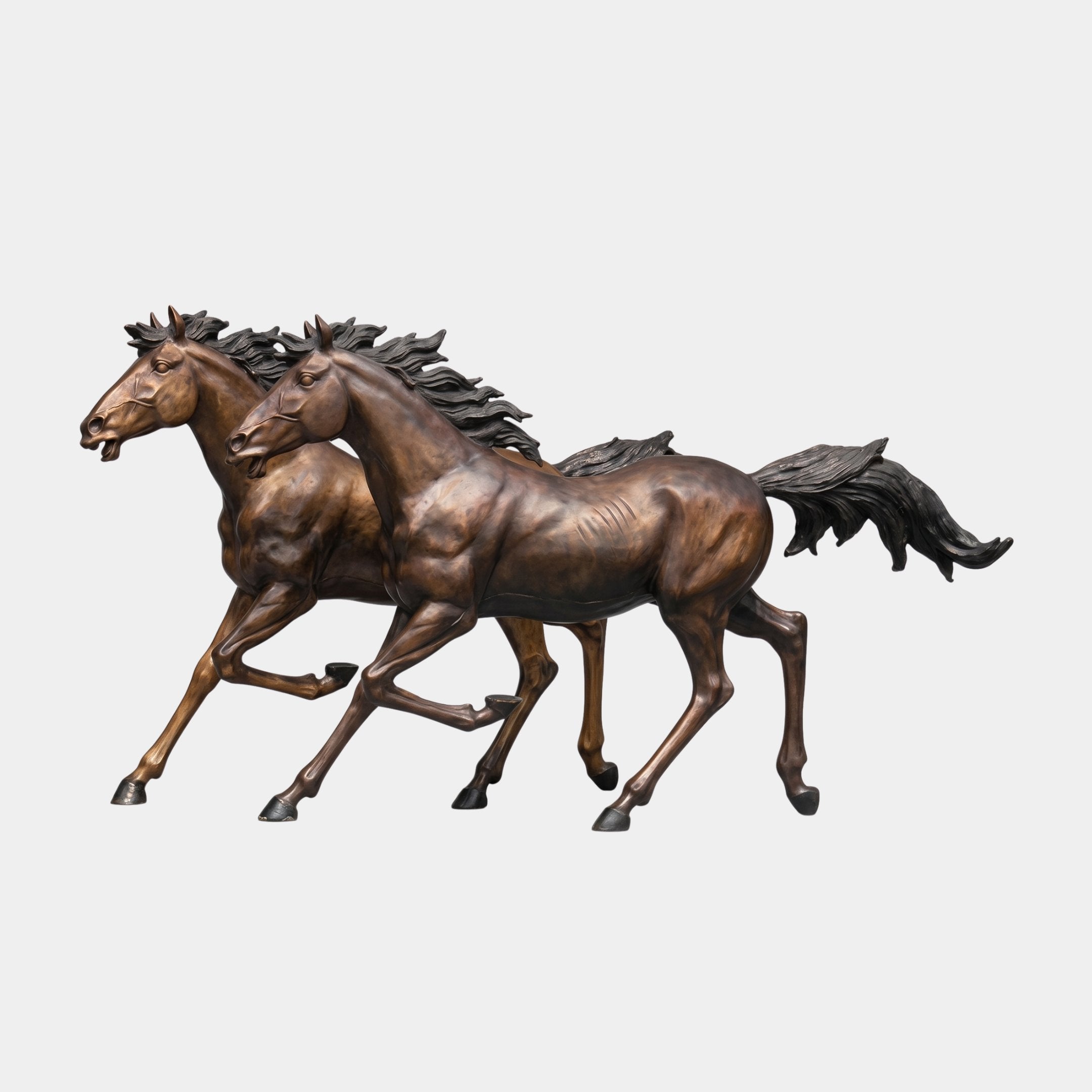 Life-Size Galloping Horse Pair Bronze Sculpture by Giant Sculptures, two warm brown horses mid-gallop with dark flowing manes and tails, on a plain background.