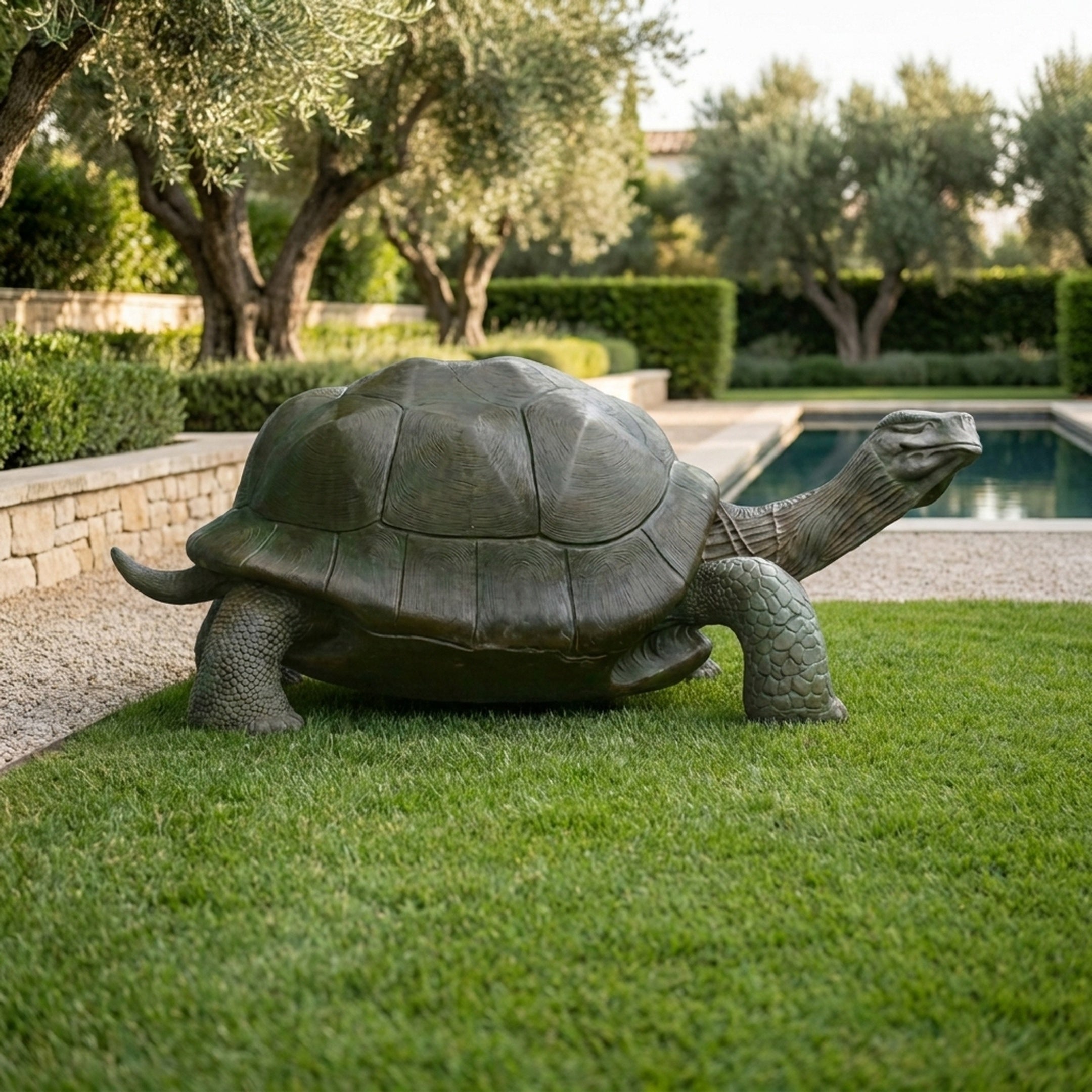 Life-Size Giant Tortoise Bronze Sculpture by Giant Sculptures in dark green patina, shown walking on lawn beside a pool with olive trees behind.