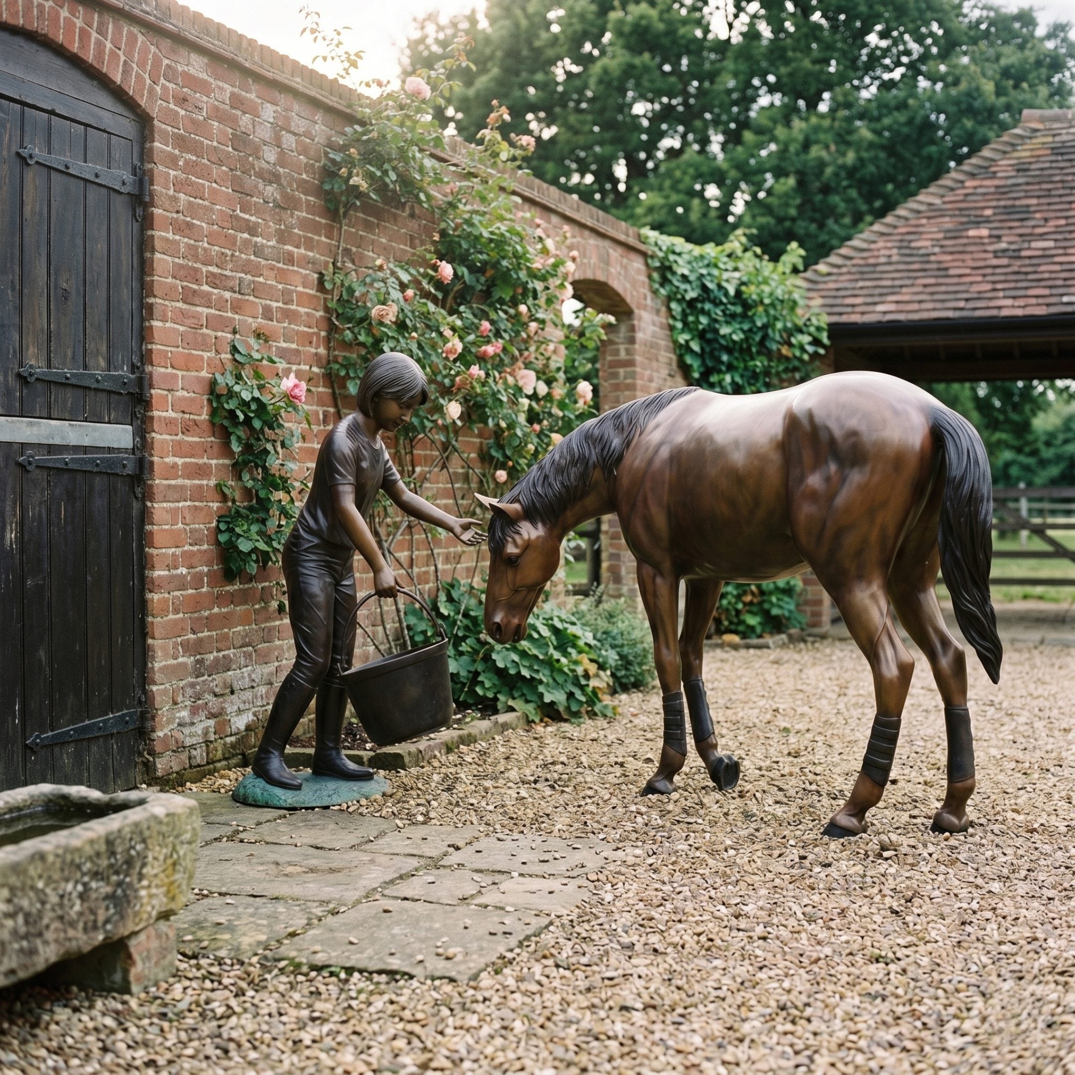 Life-Size Girl Feeding Horse Bronze Sculpture by Giant Sculptures shown in a brick courtyard, the girl with bucket extending her hand to the horse's lowered head.