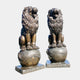 Life-Size Heraldic Roaring Lions Bronze Sculpture Pair by Giant Sculptures, seated upright on decorative spheres atop square plinths in dark antique patina.