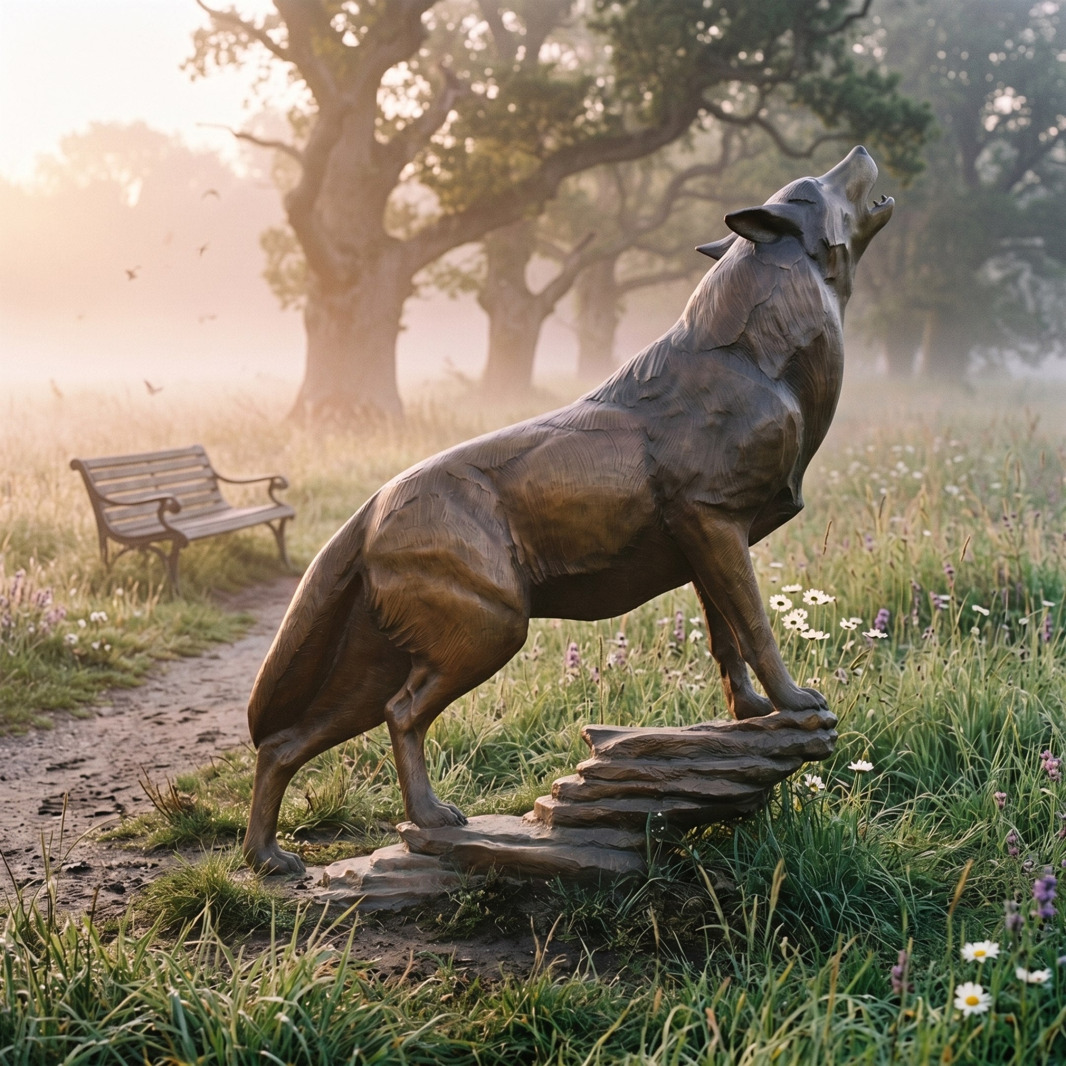 Life-Size Howling Wolf Bronze Sculpture by Giant Sculptures, 220cm, rearing on a rocky base with head raised mid-howl, set in a misty meadow near a bench.