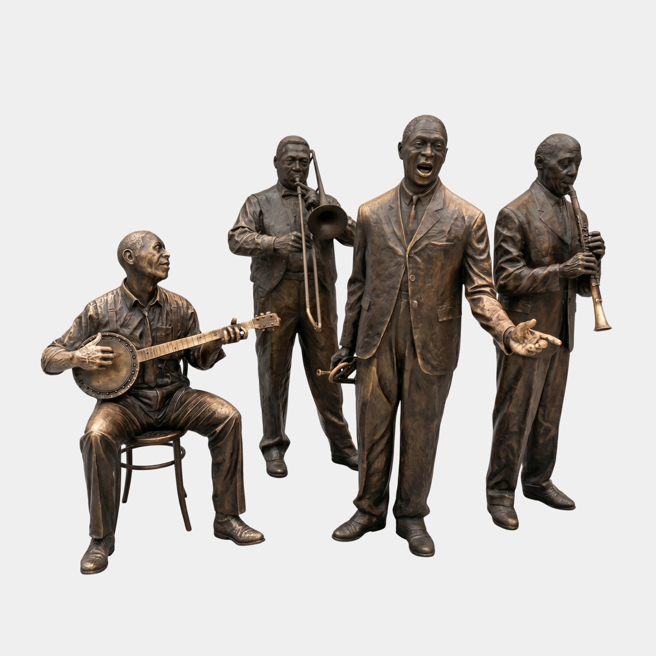Life-Size Jazz Band Musician Figures Bronze Sculpture by Giant Sculptures, featuring a seated banjo player, trombonist, singing vocalist, and clarinetist in warm bronze patina.
