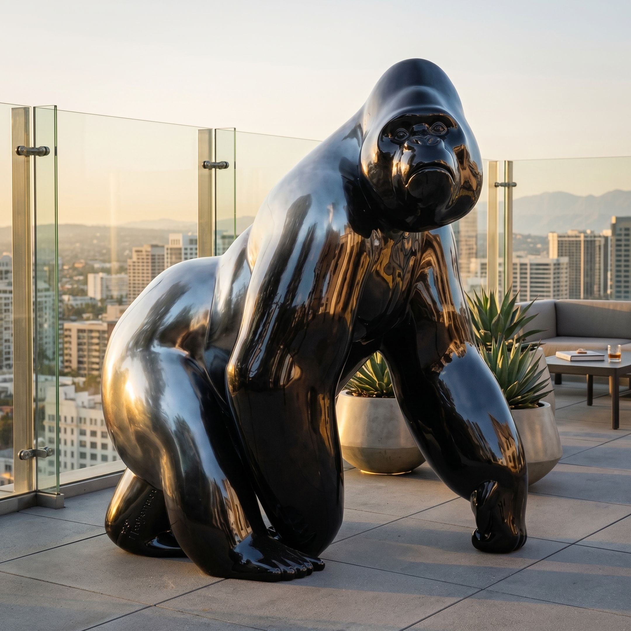 Life-Size Knuckle-Walking Gorilla Bronze Sculpture by Giant Sculptures in mirror-polished black, posed forward on knuckles on a rooftop terrace with city views.