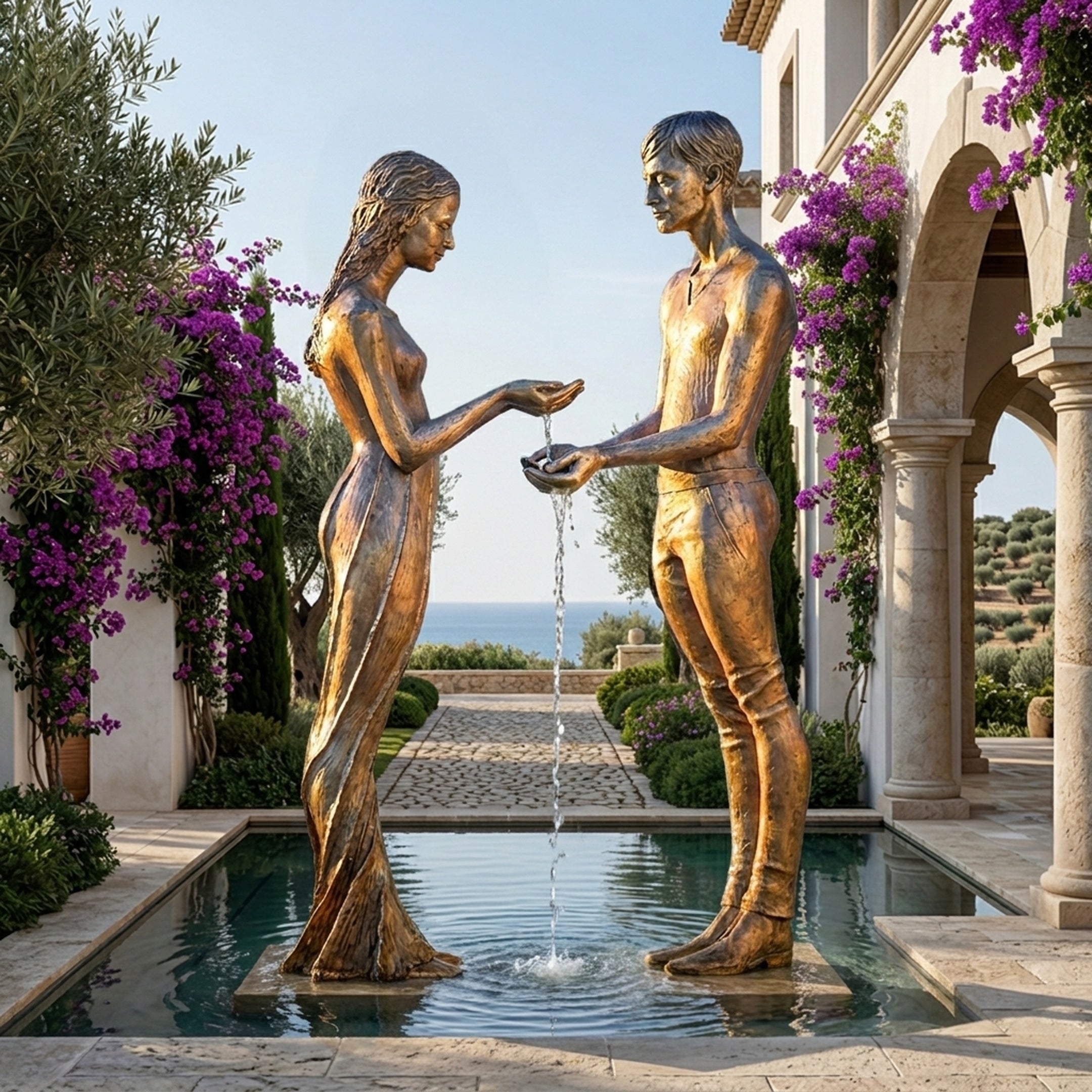 Life-Size Male and Female Figures Bronze Fountain by Giant Sculptures, two golden-brown figures pouring water from cupped hands into a basin in a seaside courtyard.