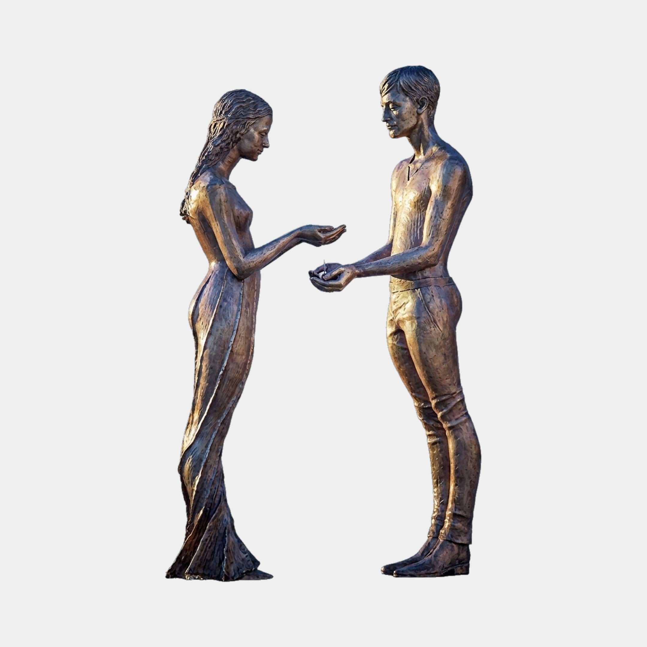 Life-Size Male and Female Figures Bronze Fountain by Giant Sculptures, 240cm, showing two nude figures facing each other with cupped hands meeting at the centre.