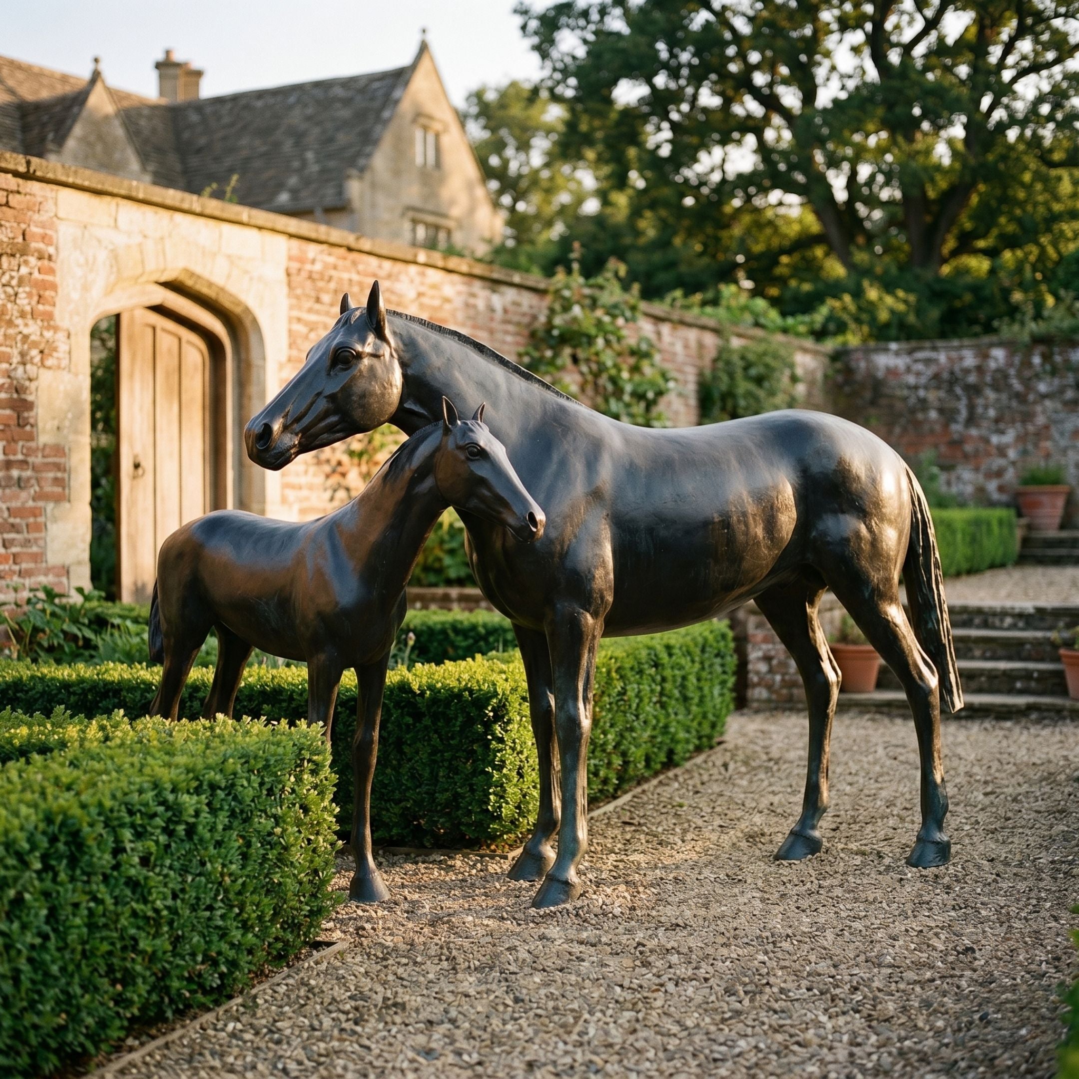 Life-Size Mare and Foal Bronze Sculpture by Giant Sculptures, dark patinated mare turning toward the foal at her side, displayed on gravel beside a walled garden.